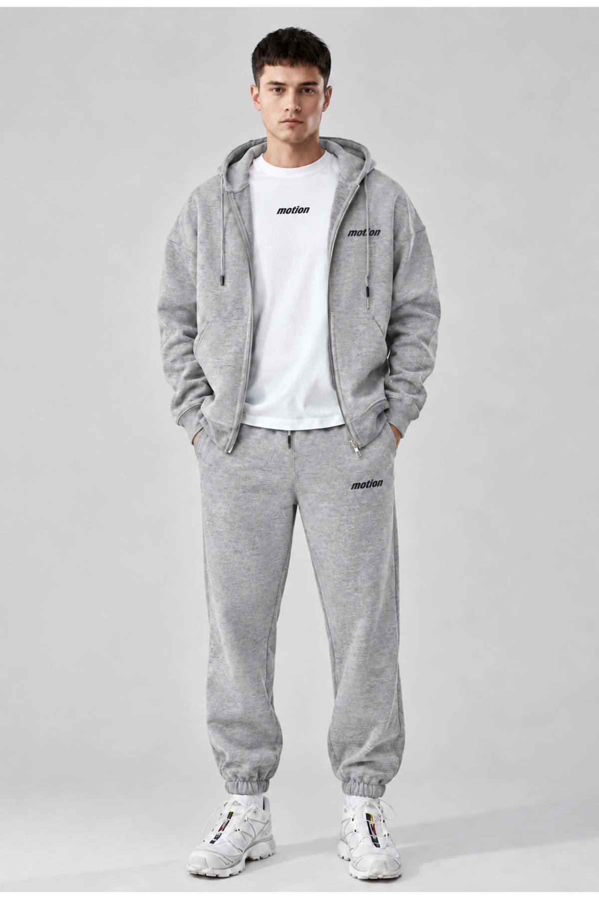 Erkek Oversize Fermuarlı Kapüşonlu 3’lü Eşofman Takımı Baskılı Tişört ve Jogger Pantolon — خاکستری RQ4055959297