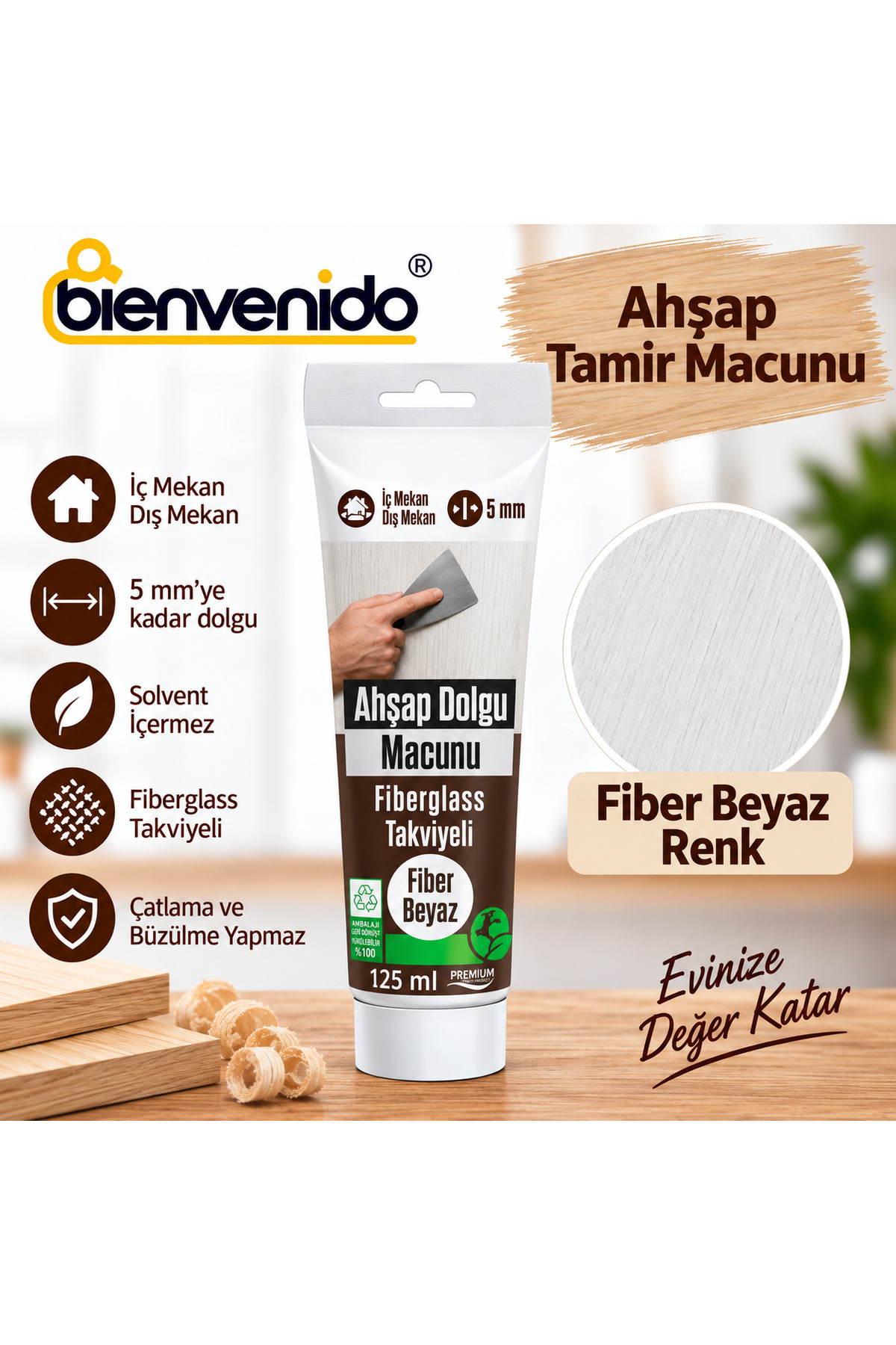 Ahşap Parke Tamir Macunu FİBER BEYAZ Mobilya Masa Dolgu Çatlak Çizik Giderici 125 ML