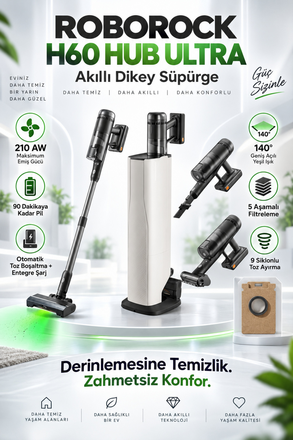 Roborock H60 Hub Ultra Akıllı Dikey Süpürge 210 AW Emiş Gücü, 90 Dakika Pil, Otomatik Toz Boşaltma, 5 Aşamalı Filtreleme, 140° Yeşil Işıkla Algılama, 9 Siklonlu Toz Ayırma Teknolojisi