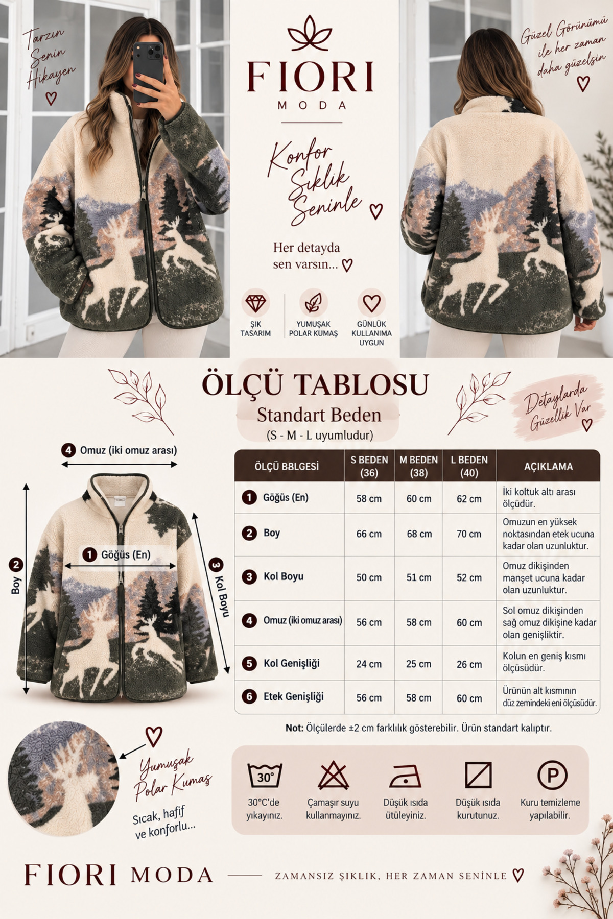 FioriModa Yeşil Geyik Desenli Fermuarlı Polar görsel 3