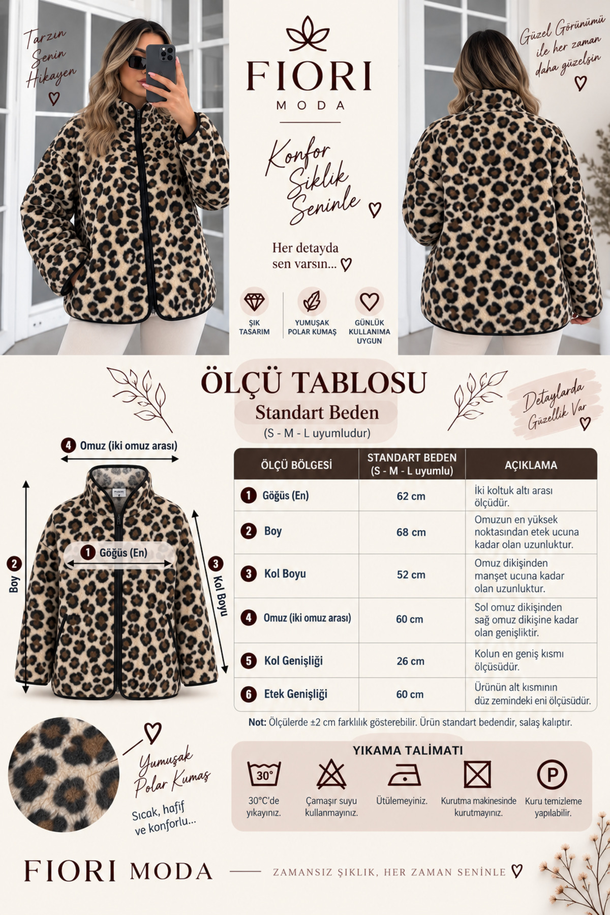 FioriModa Leopar Leopar Desenli Fermuarlı Polar görsel 3
