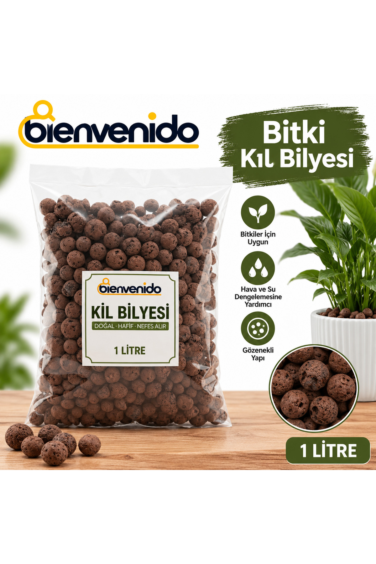 Doğal Kil Bilyesi (1 Litre) Saksı Altı Drenaj Katmanı ve Dekoratif Toprak Örtüsü LECA Misket Kil