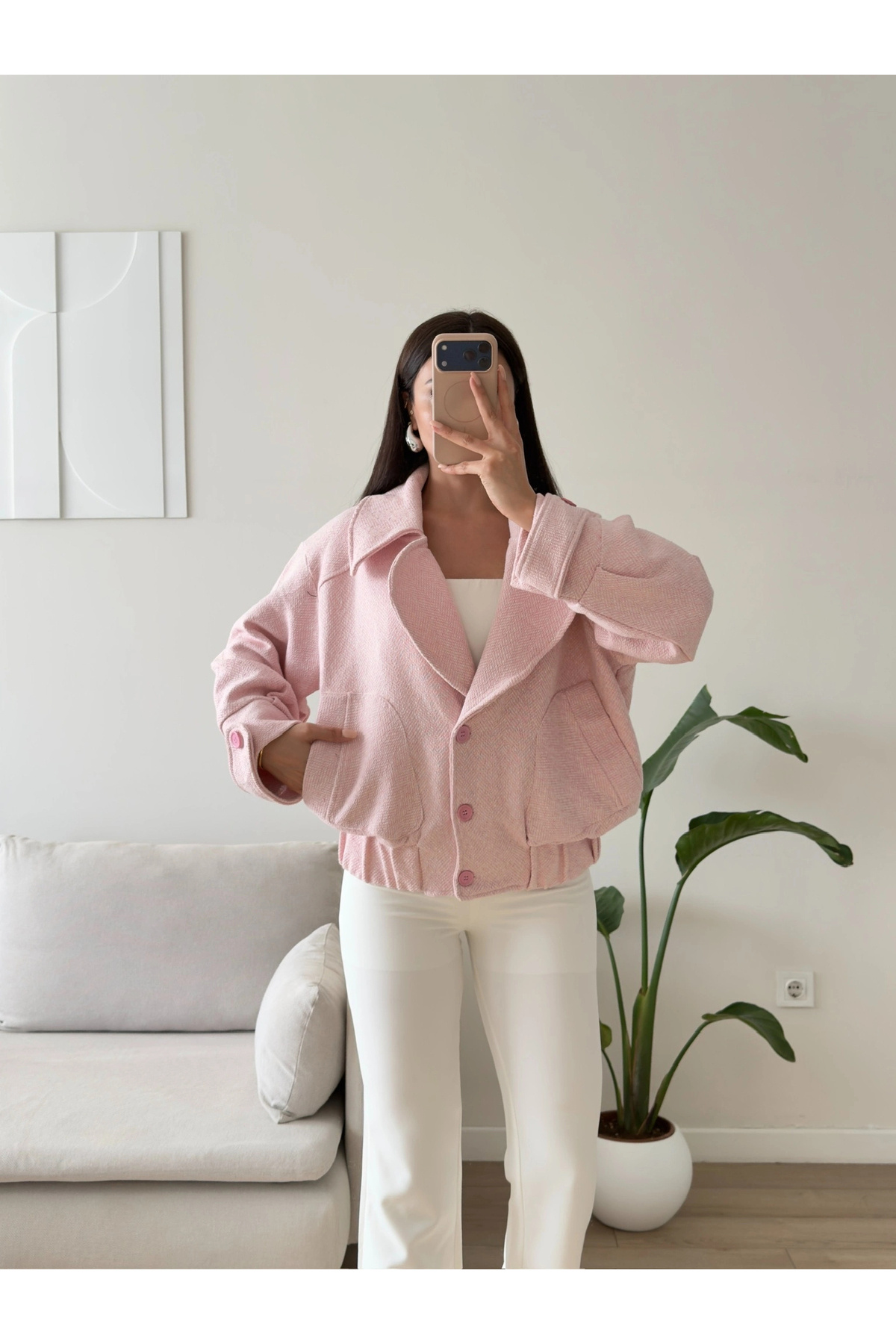Zoom Butik Balıksırtı Premium Bomber Ceket - PEMBE görsel 4