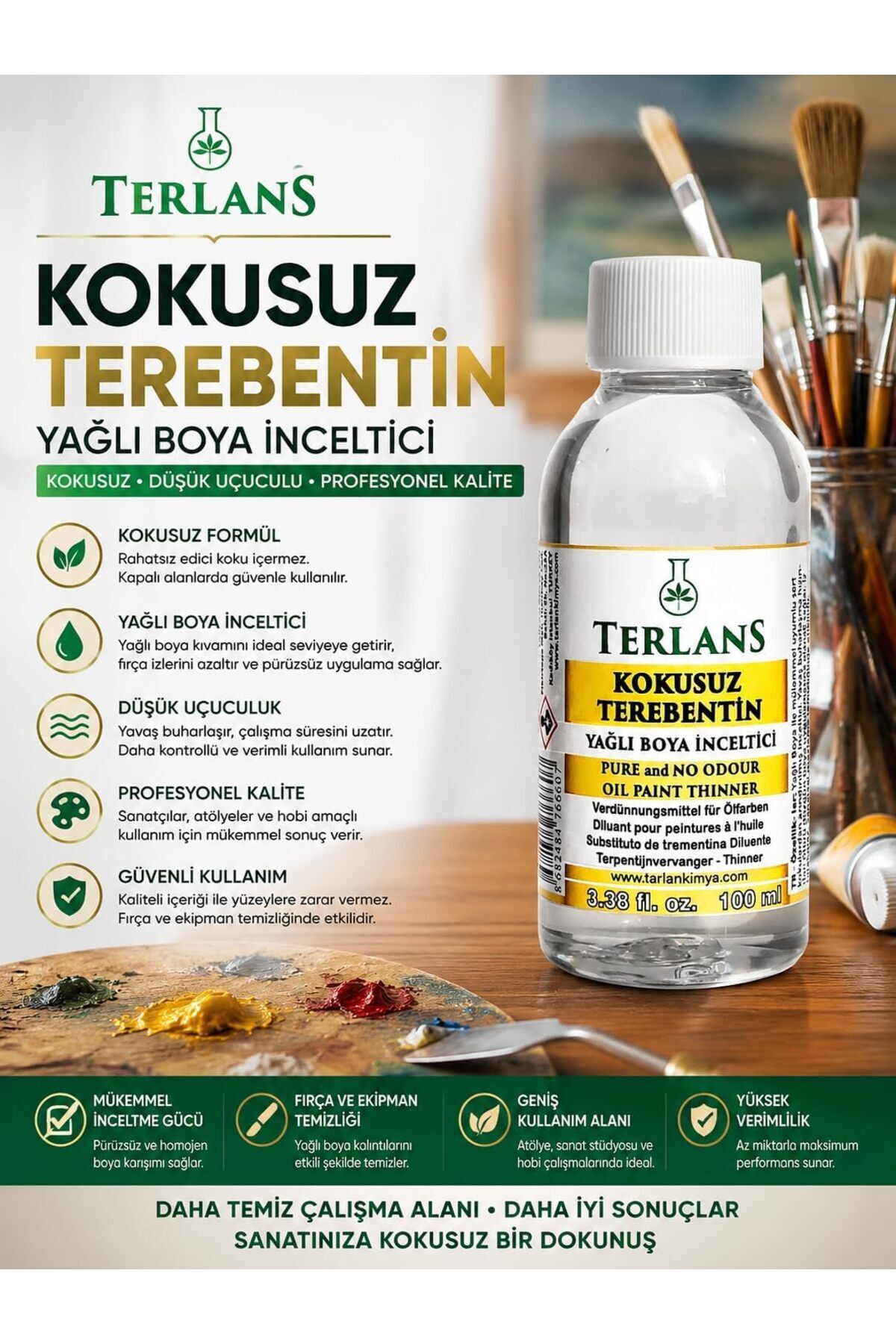 تربانتین بدون بو TERLANS 100 میلی لیتر | رنگ روغن | نقاشی حرفه ای بدون بو و کم فرار — 8690041600714 — تصویر 2 از 4