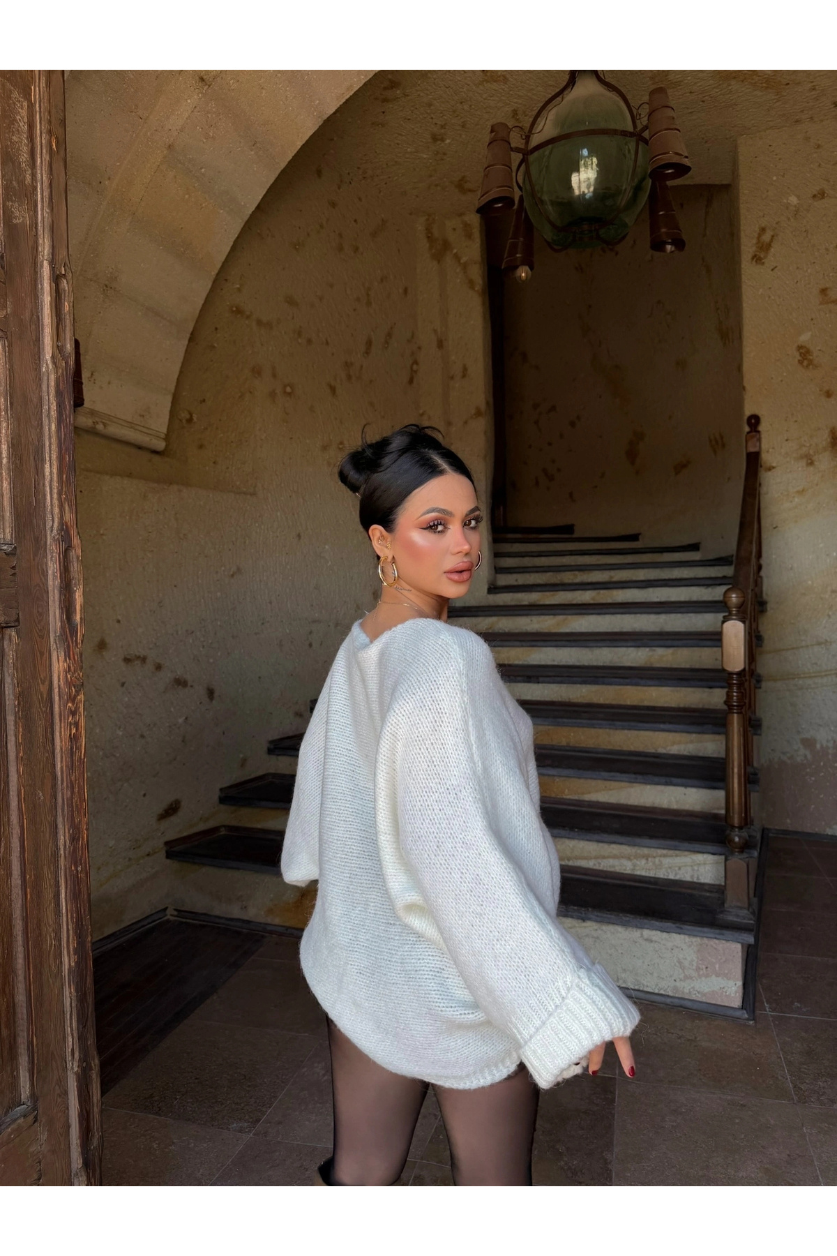 kırmızı butiks Ekru Batwing Oversize Triko Kazak görsel 2