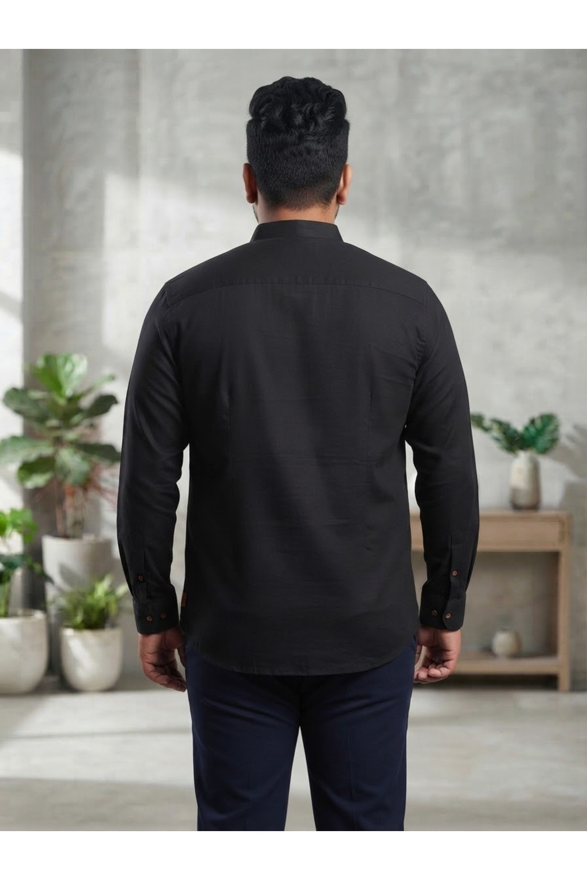 Chordi Erkek Büyük Beden Battal Slim Fit Uzun Kollu Keten Hakim Yaka Gömlek görsel 3