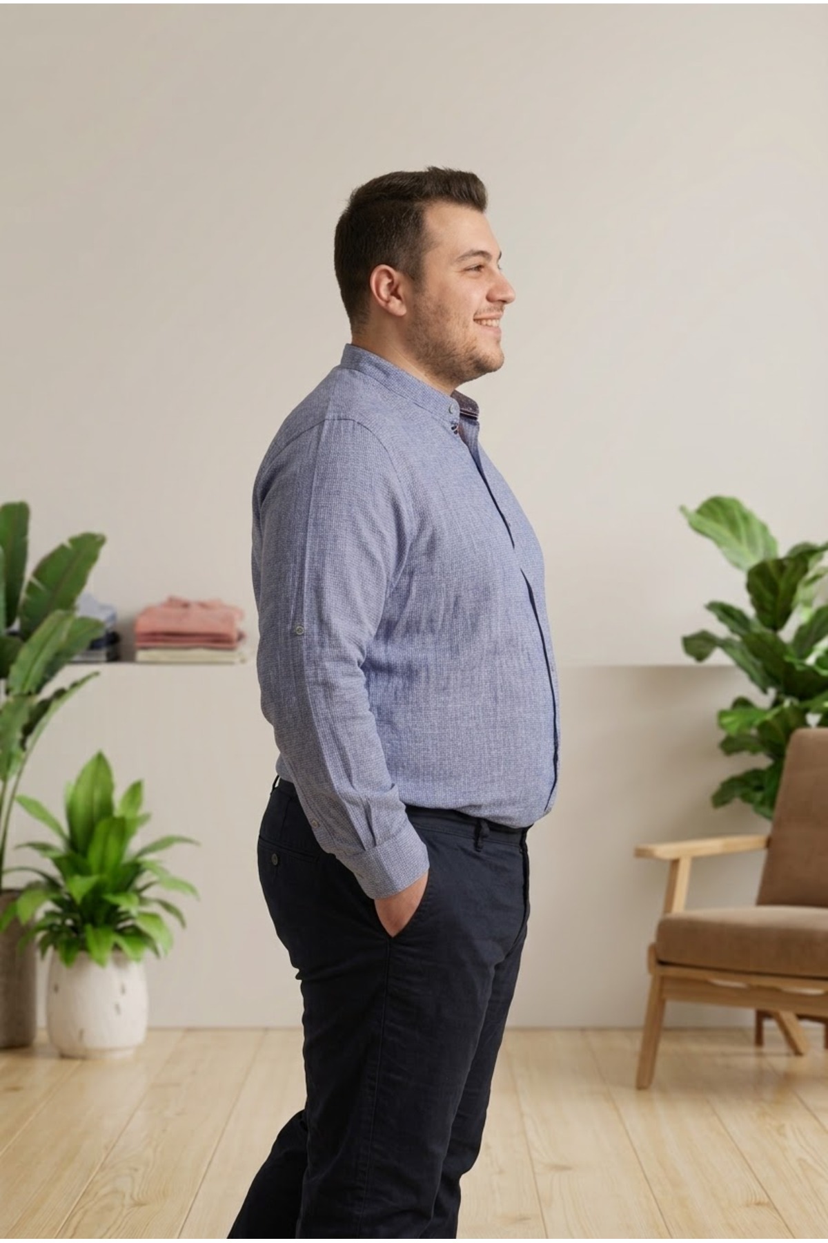 Chordi Erkek Büyük Beden Battal Slim Fit Uzun Kollu %100 Pamuk Hakim Yaka Gömlek görsel 3