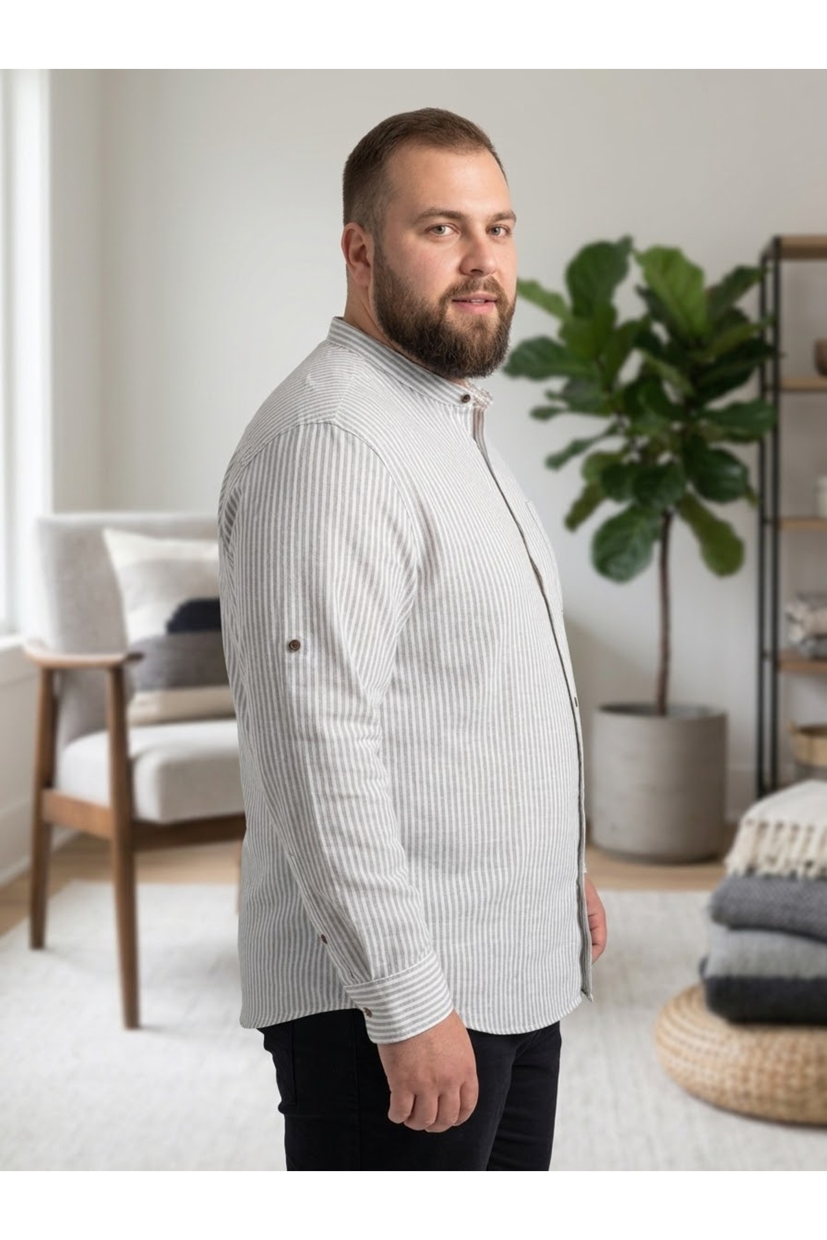 Chordi Erkek Büyük Beden Battal Slim Fit Uzun Kollu Keten Hakim Yaka Gömlek görsel 2
