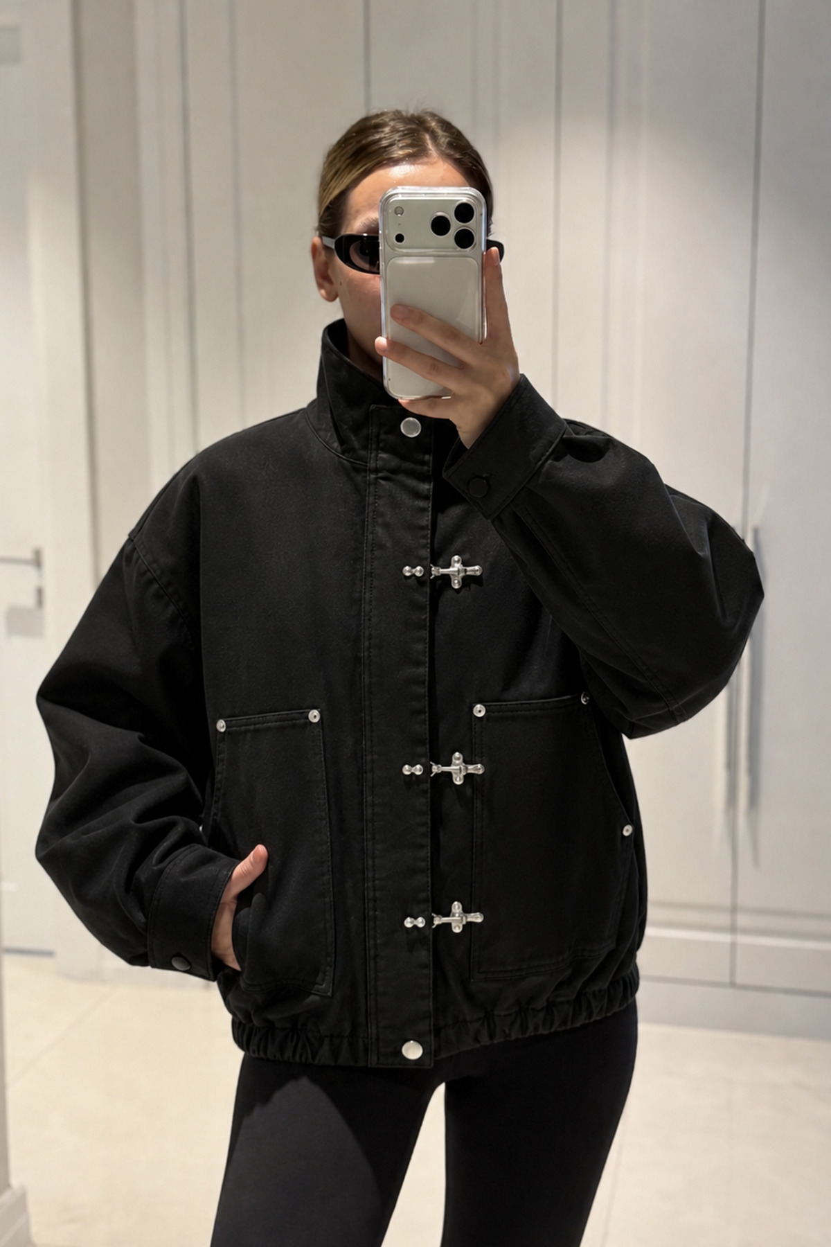 MANMARK Japon Düğmesi Detaylı Dik Yaka Gabardin Kumaş Oversize Kanvas Kadın Bomber Ceket
