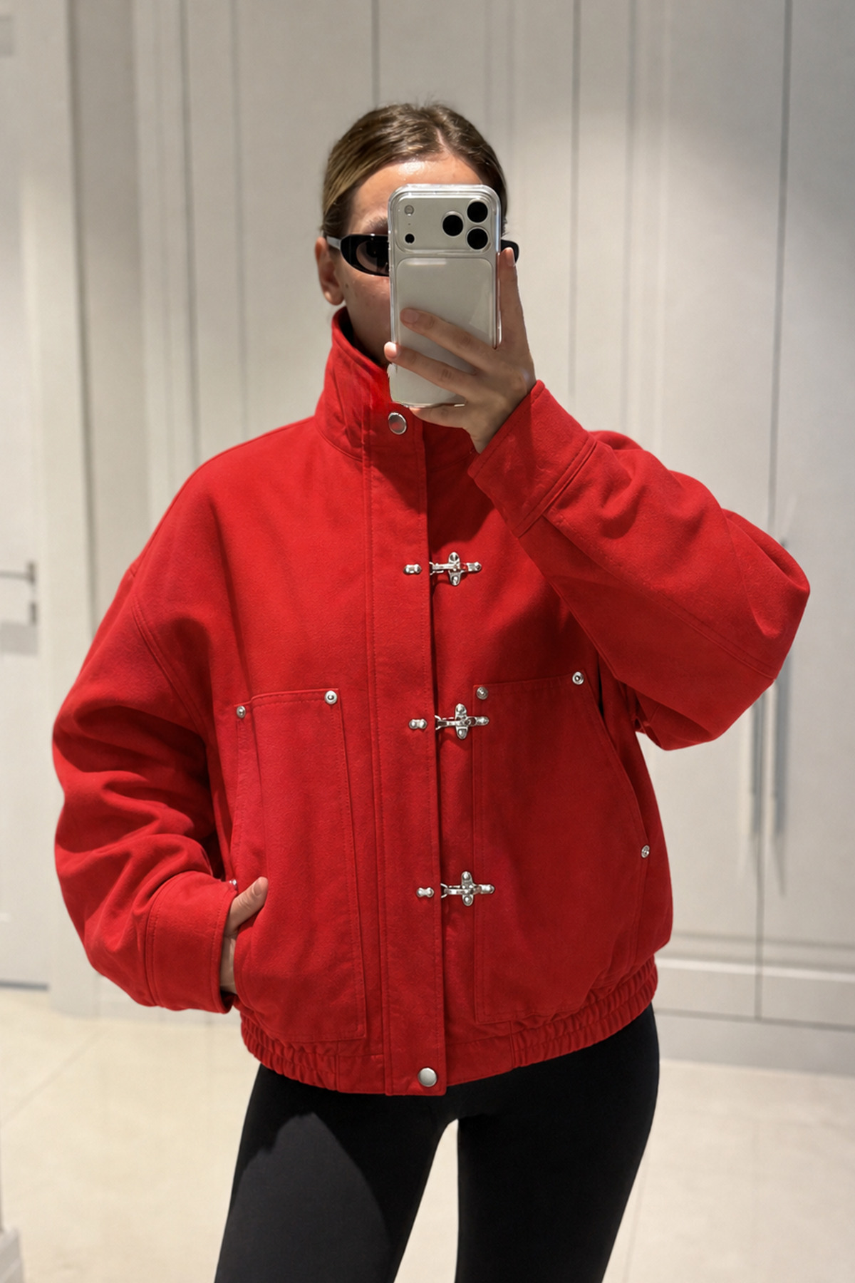 MANMARK Japon Düğmesi Detaylı Dik Yaka Gabardin Kumaş Oversize Kanvas Kadın Bomber Ceket