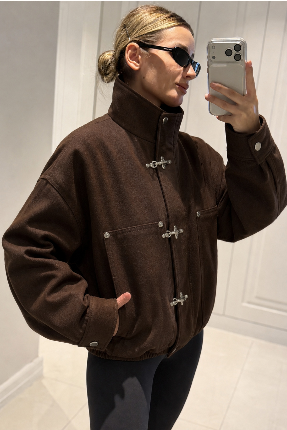 MANMARK Japon Düğmesi Detaylı Dik Yaka Gabardin Kumaş Oversize Kanvas Kadın Bomber Ceket