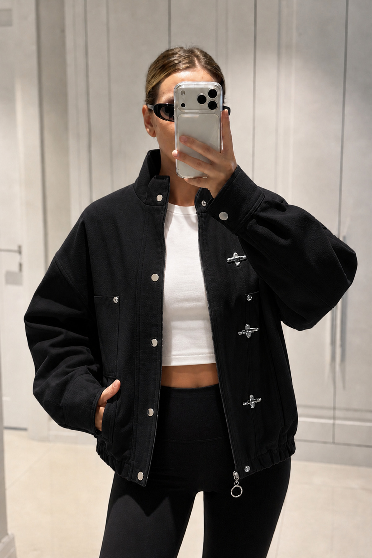 MANMARK Japon Düğmesi Detaylı Dik Yaka Gabardin Kumaş Oversize Kanvas Kadın Bomber Ceket görsel 4