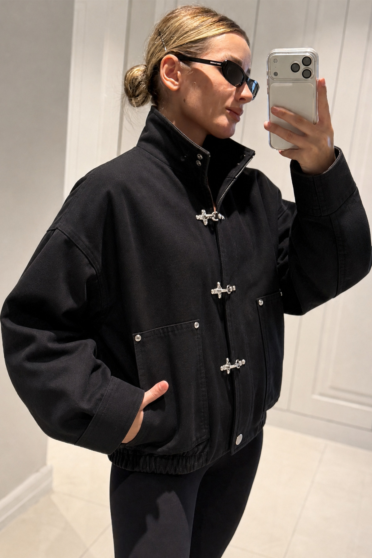 MANMARK Japon Düğmesi Detaylı Dik Yaka Gabardin Kumaş Oversize Kanvas Kadın Bomber Ceket görsel 2
