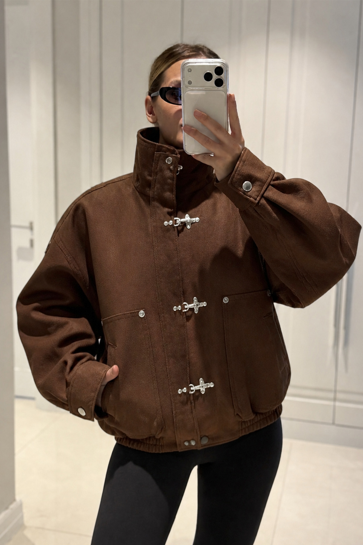MANMARK Japon Düğmesi Detaylı Dik Yaka Gabardin Kumaş Oversize Kanvas Kadın Bomber Ceket görsel 2