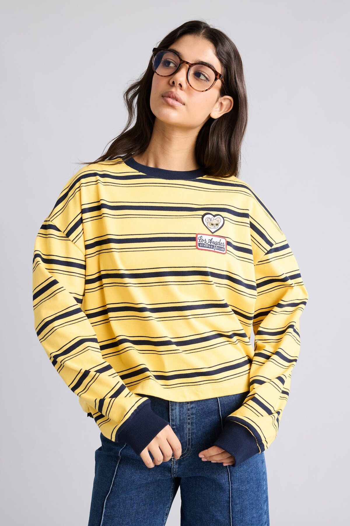 DeFacto Loose Fıt Bisiklet Yaka Baskılı Çizgili Sweatshirt I2418AX26AU görsel 3