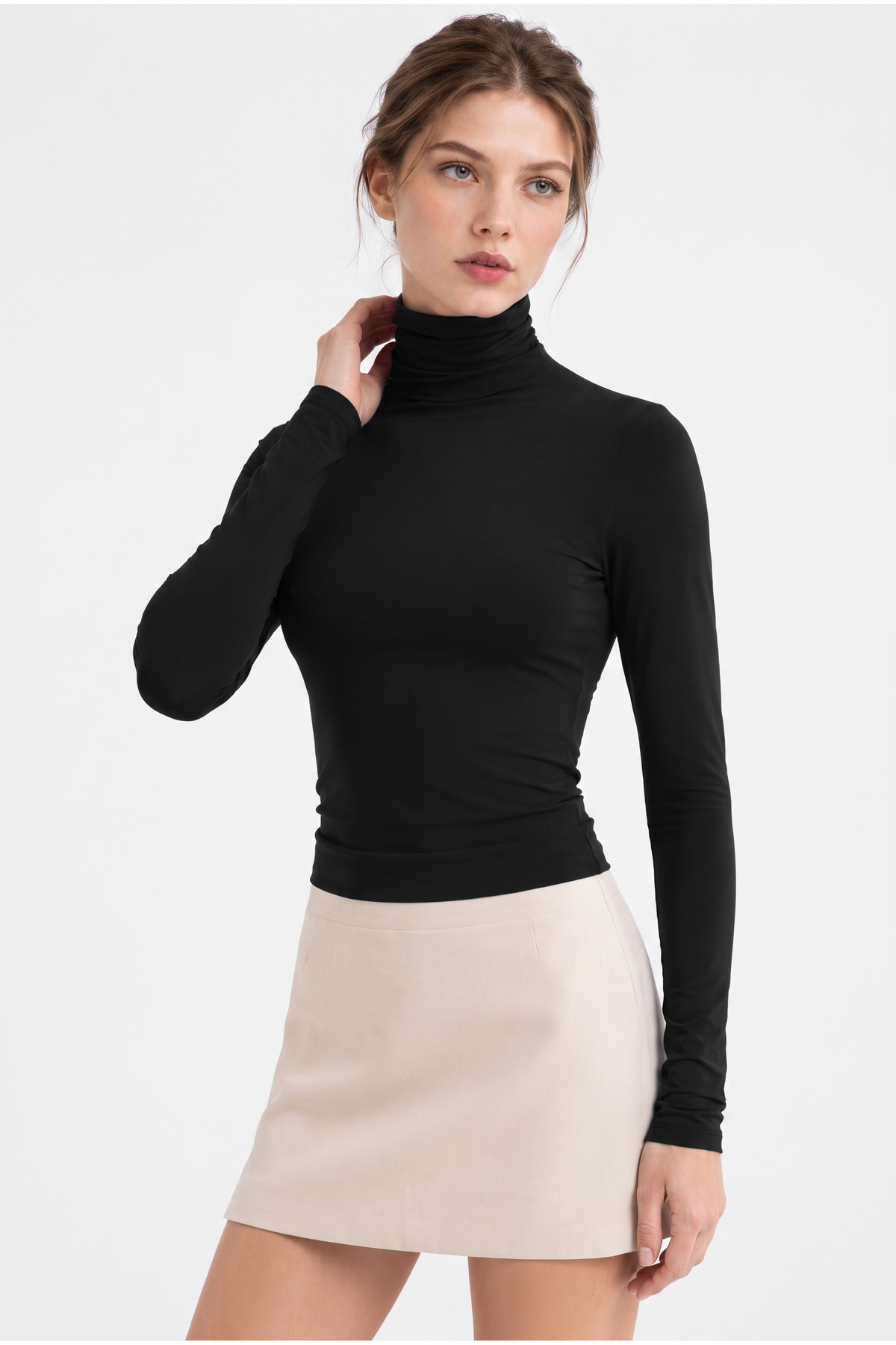OLYNN Kadın Siyah Balıkçı Yaka Uzun Kollu Premium Soft Modal Pamuk Bluz