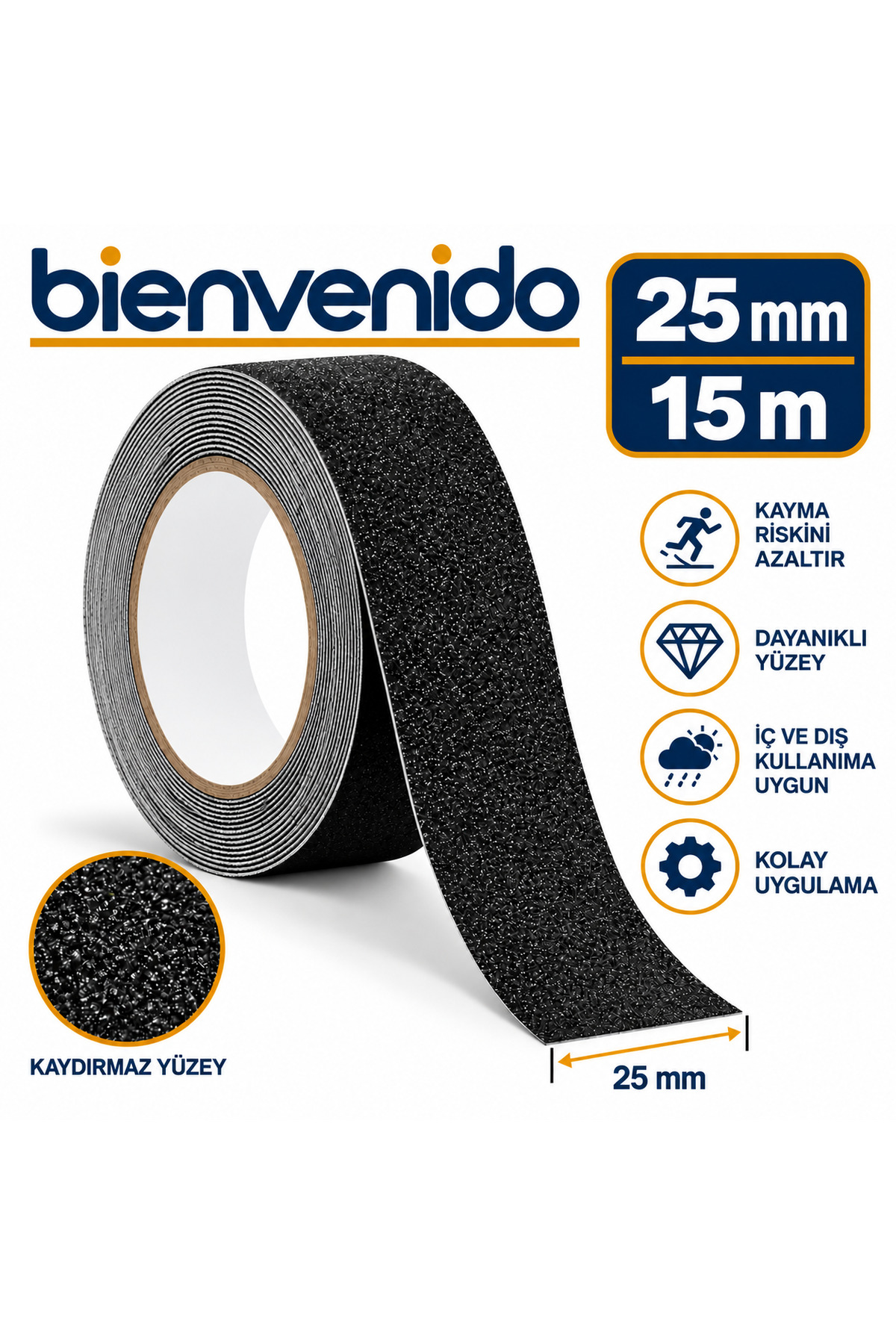 Merdiven Zemin Kaydırmaz Bant Yapışkanlı (2,5 CM X 15 METRE) Yer Zemin Kaymaz Bandı Siyah