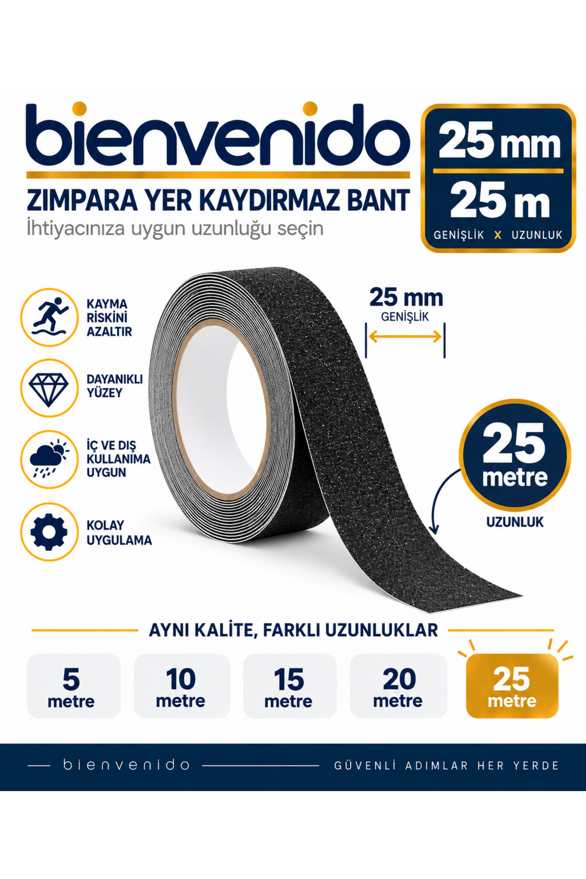 Merdiven Zemin Kaydırmaz Bant Yapışkanlı (2,5 CM X 25 METRE) Yer Zemin Kaymaz Bandı Siyah