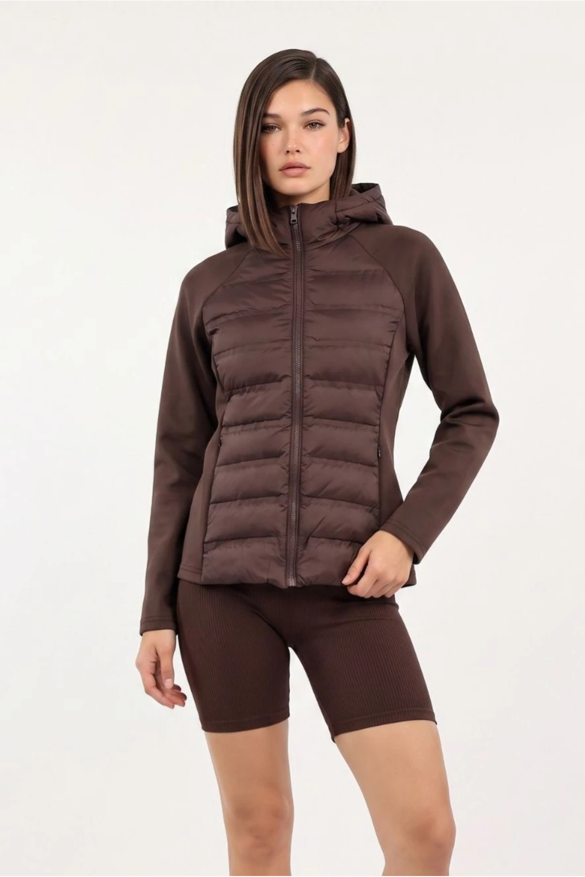 cemo Kapüşonlu Softshell Kollu Şişme Kadın Mont görsel 5