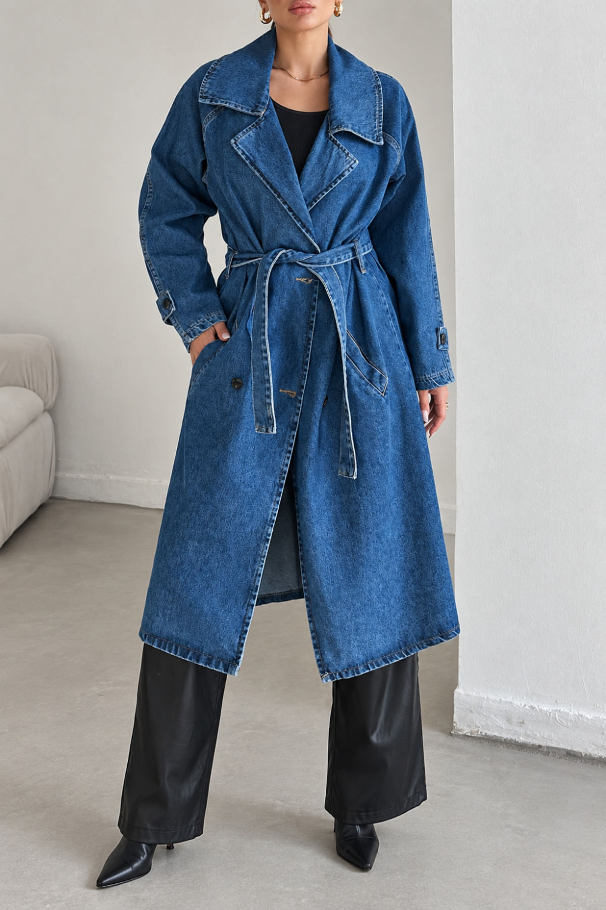 1434 Polo State Kadın Kuşaklı Kruvaze Yaka Oversize Uzun Denim Trençkot Mavi