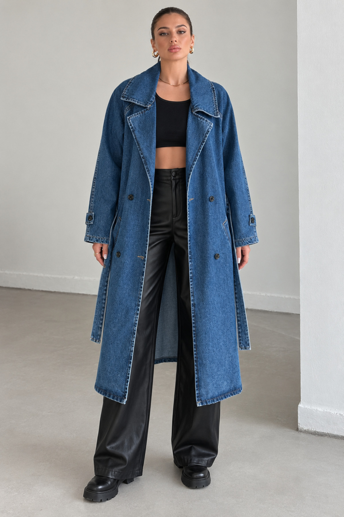 1434 Polo State Kadın Kuşaklı Kruvaze Yaka Oversize Uzun Denim Trençkot Mavi görsel 5