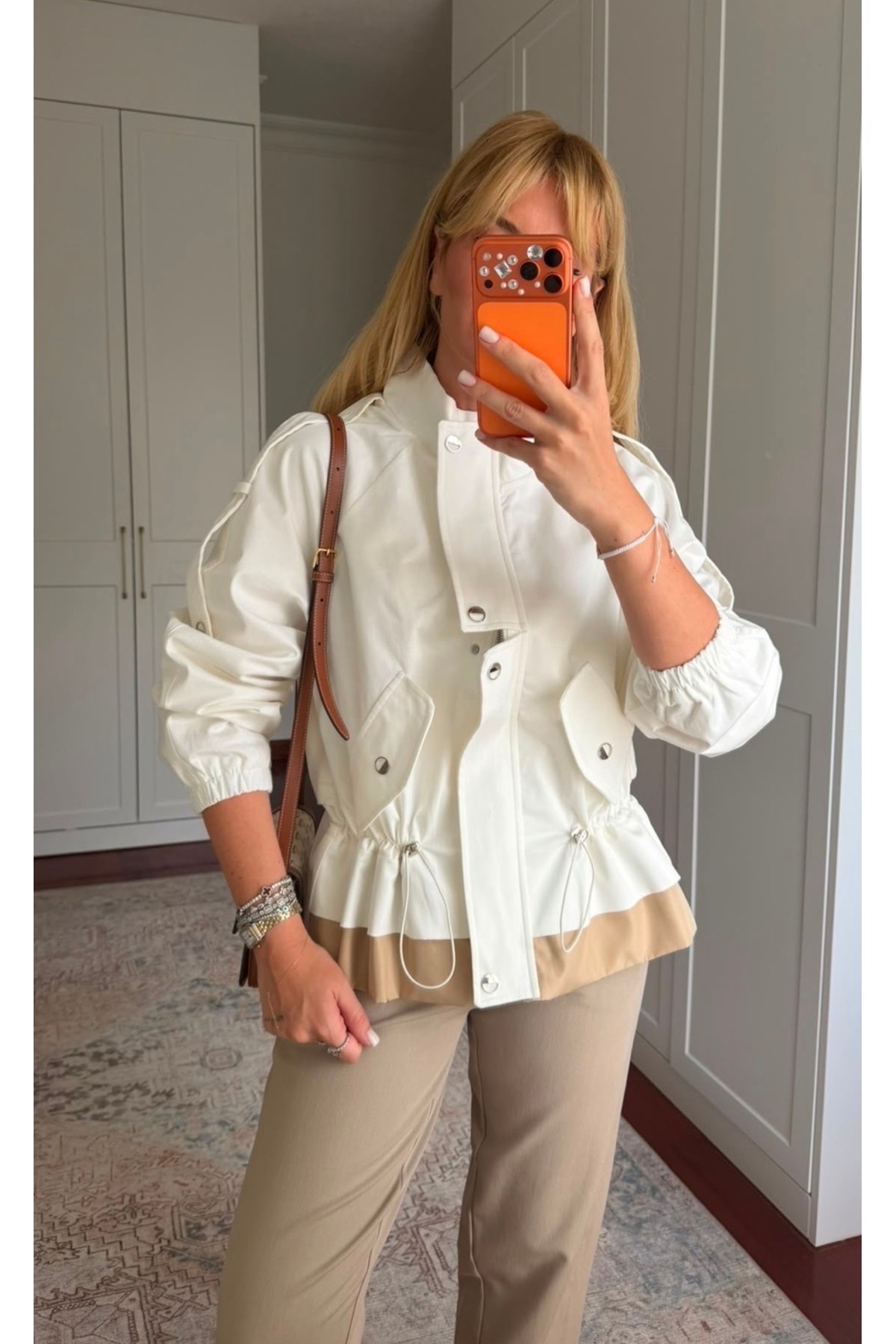 ESSA Belden Bağlamalı , Premium Beyaz & Bej , Gabardin Ceket