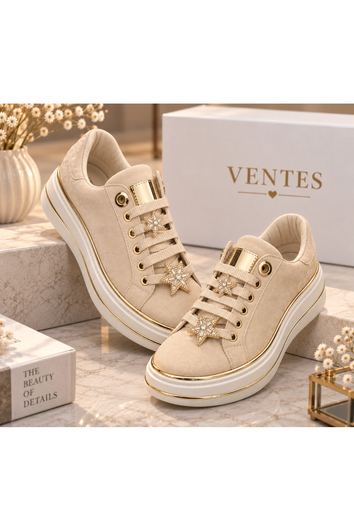 Ventes Kadın Taşlı Yıldız Detaylı Bağcıklı Gold Aksesuarlı Kalın Taban Sneaker Ayakkabı görsel 5