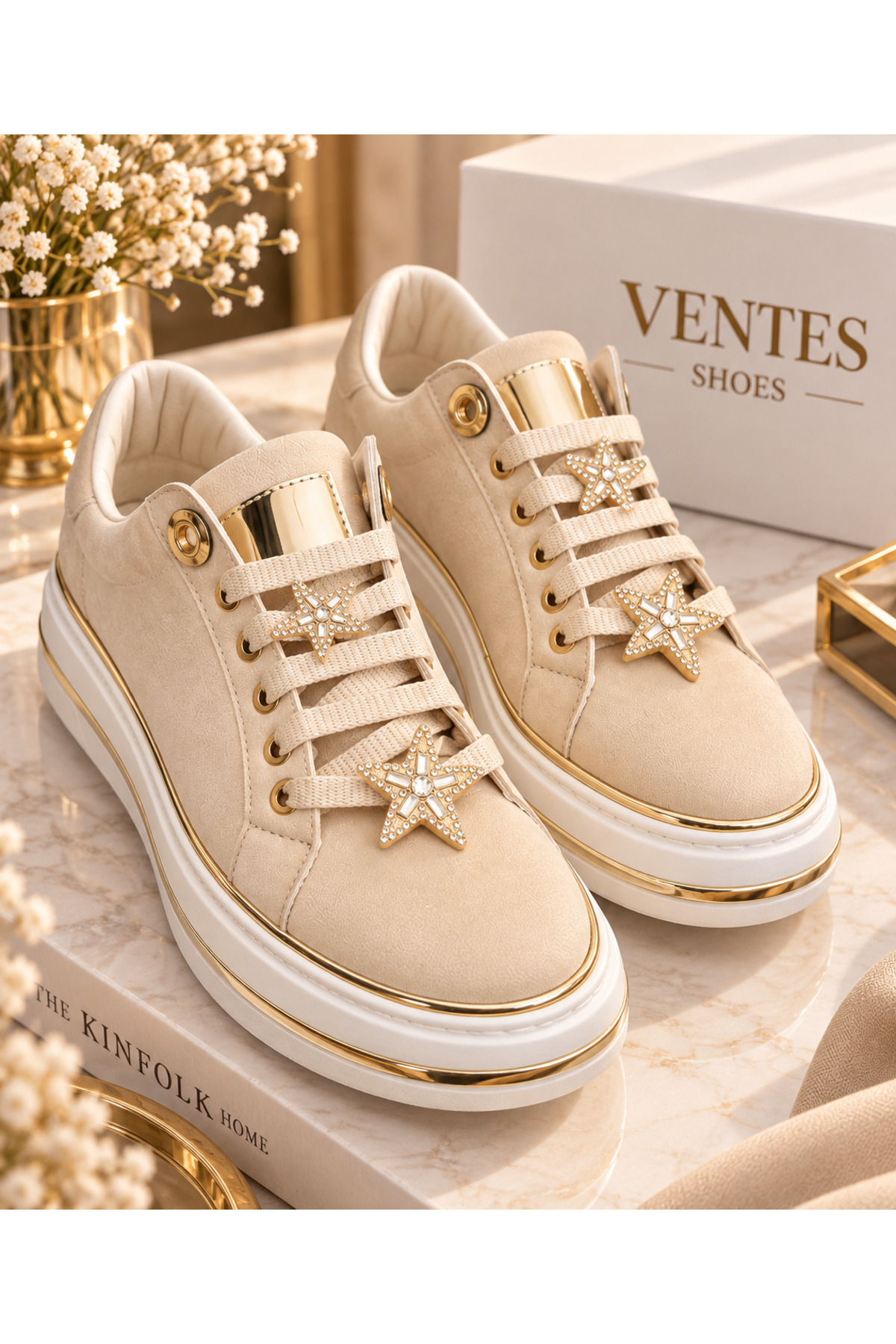 Ventes Kadın Taşlı Yıldız Detaylı Bağcıklı Gold Aksesuarlı Kalın Taban Sneaker Ayakkabı görsel 3