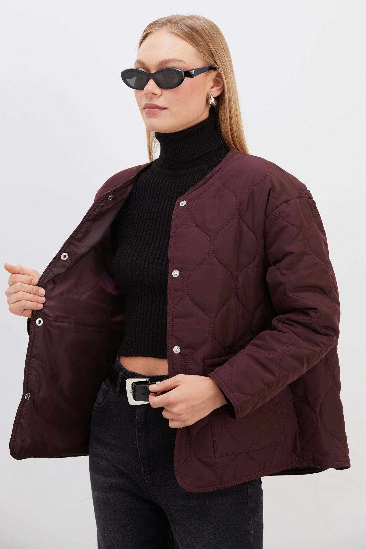 Fulla Moda Su Yolu Desenli Kapitone Çıtçıtlı Mont görsel 6