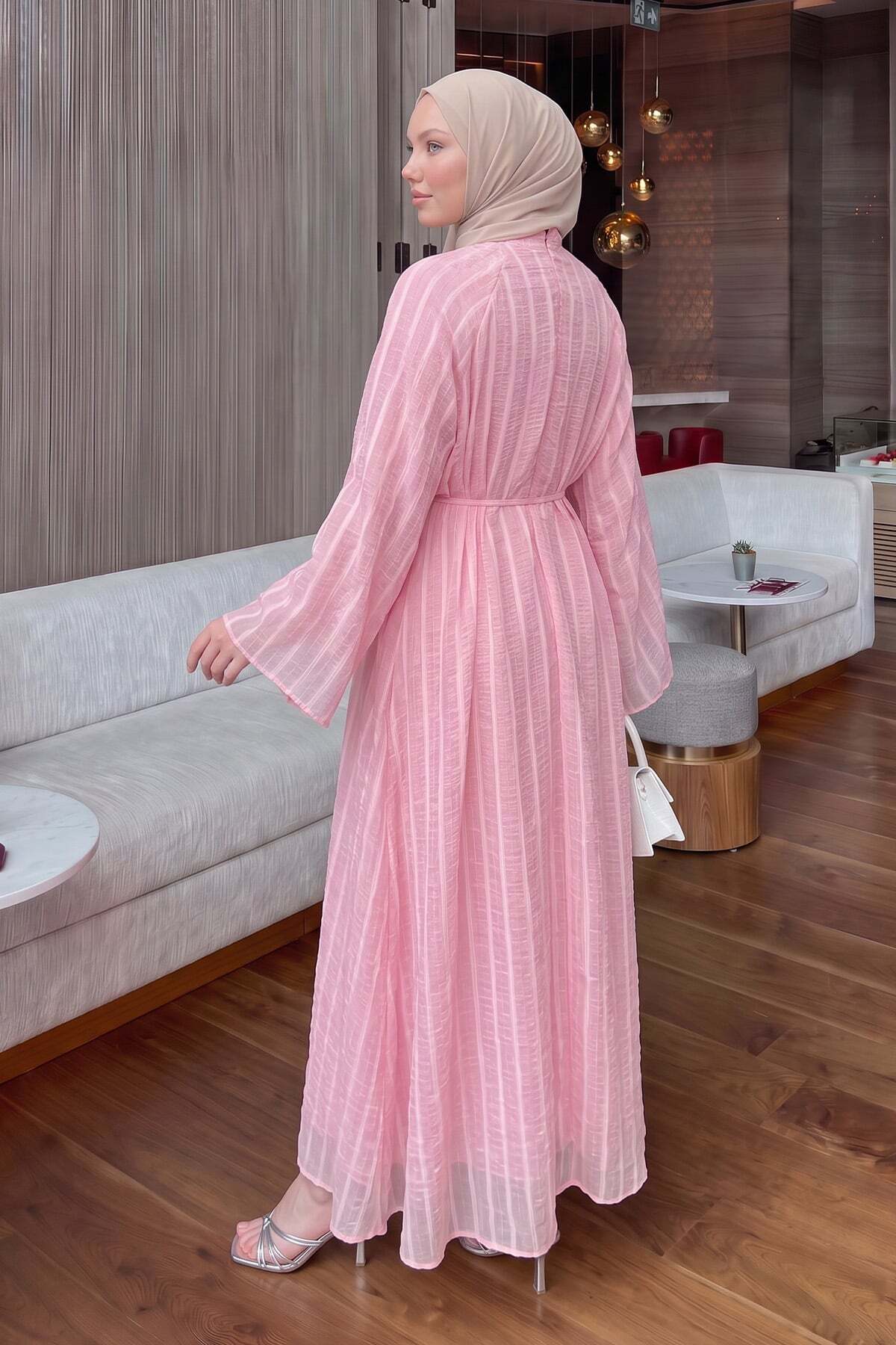Salih Çelebi Reglan Kol Çizgili Elbise Y0168 - PEMBE görsel 4