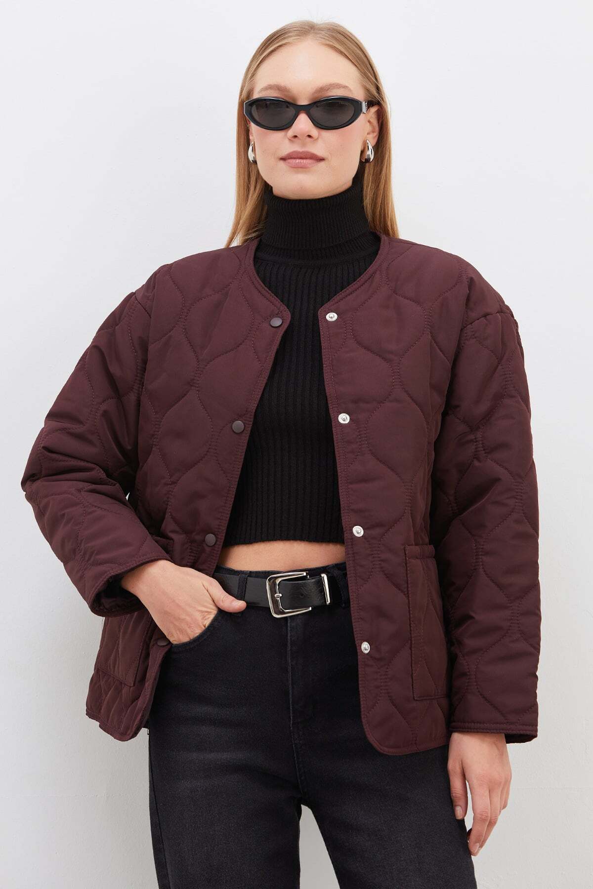 Fulla Moda Su Yolu Desenli Kapitone Çıtçıtlı Mont