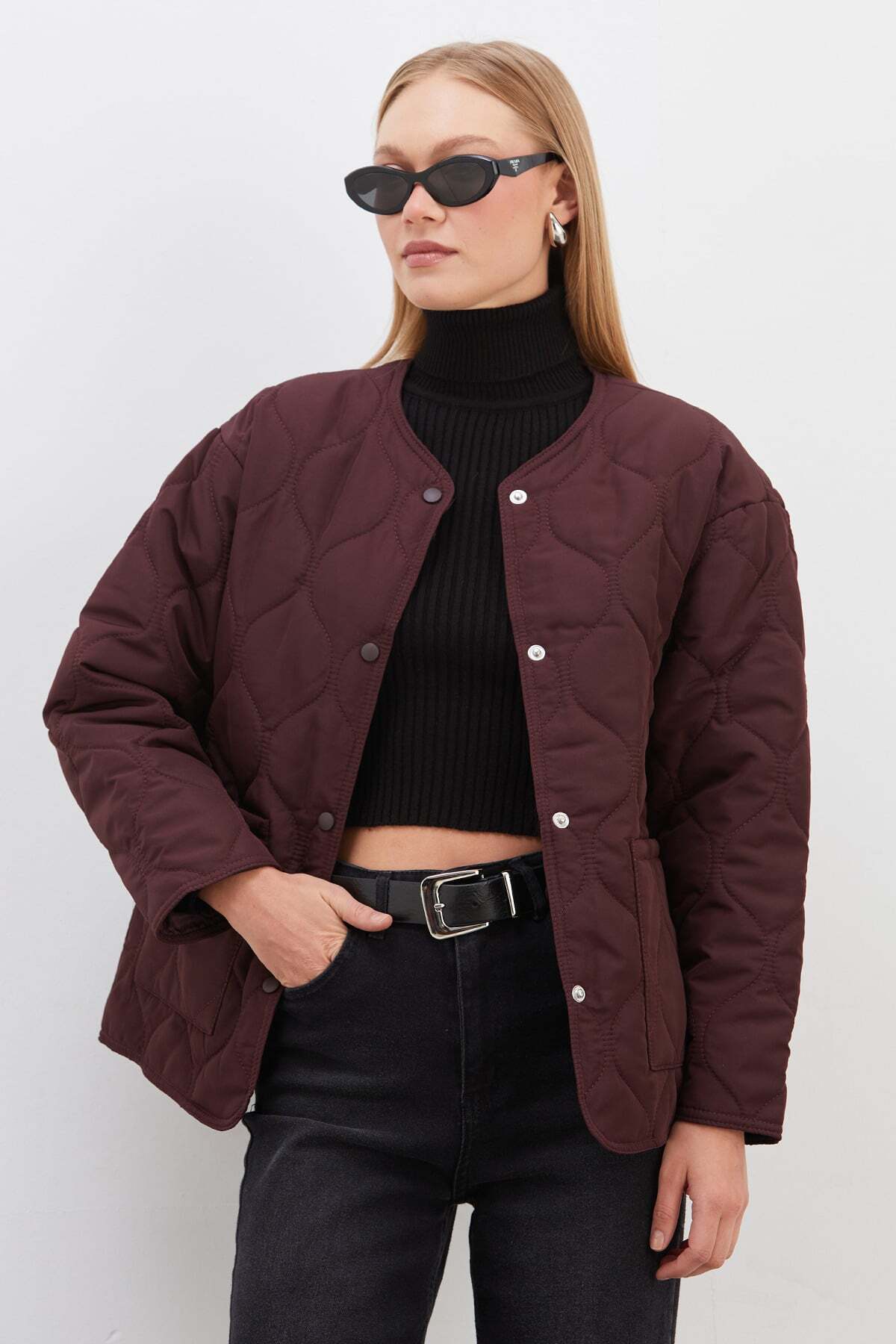 Fulla Moda Su Yolu Desenli Kapitone Çıtçıtlı Mont görsel 3