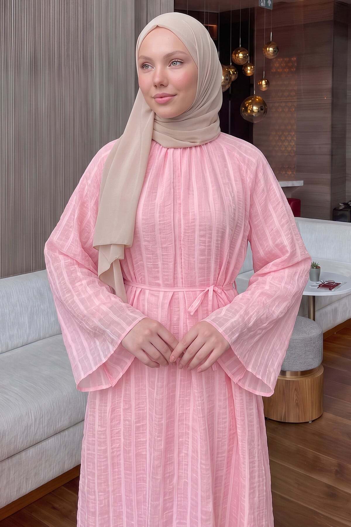 Salih Çelebi Reglan Kol Çizgili Elbise Y0168 - PEMBE görsel 2