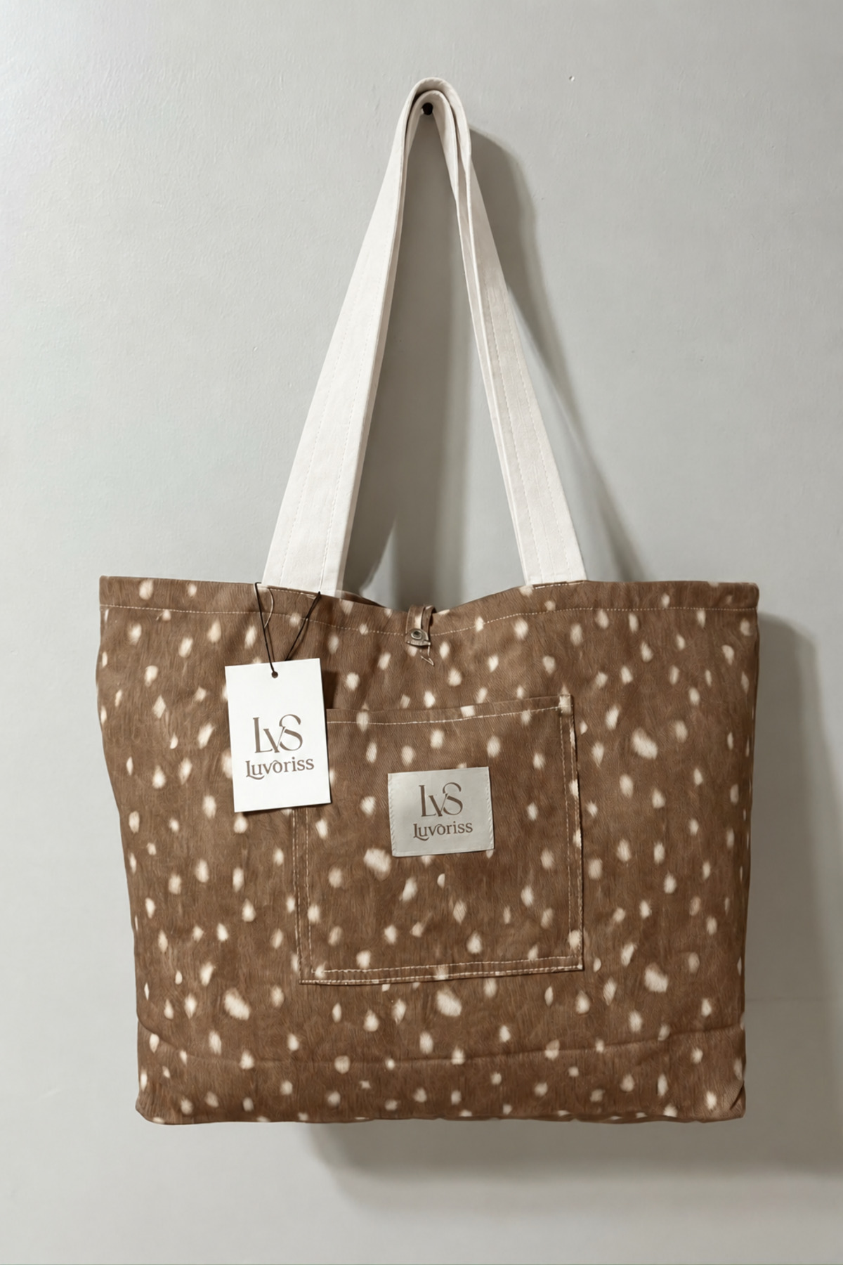 Lvs Luvoriss Geyik Desenli Ön Cepli Büyük Boy Kanvas Tote Kadın Omuz Çantası 35x50