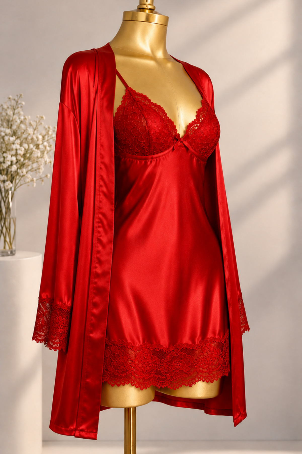 Visatin Lingerie Kadın Kırmızı Dantel Detaylı Saten Gecelik Sabahlık İkili Takım görsel 3