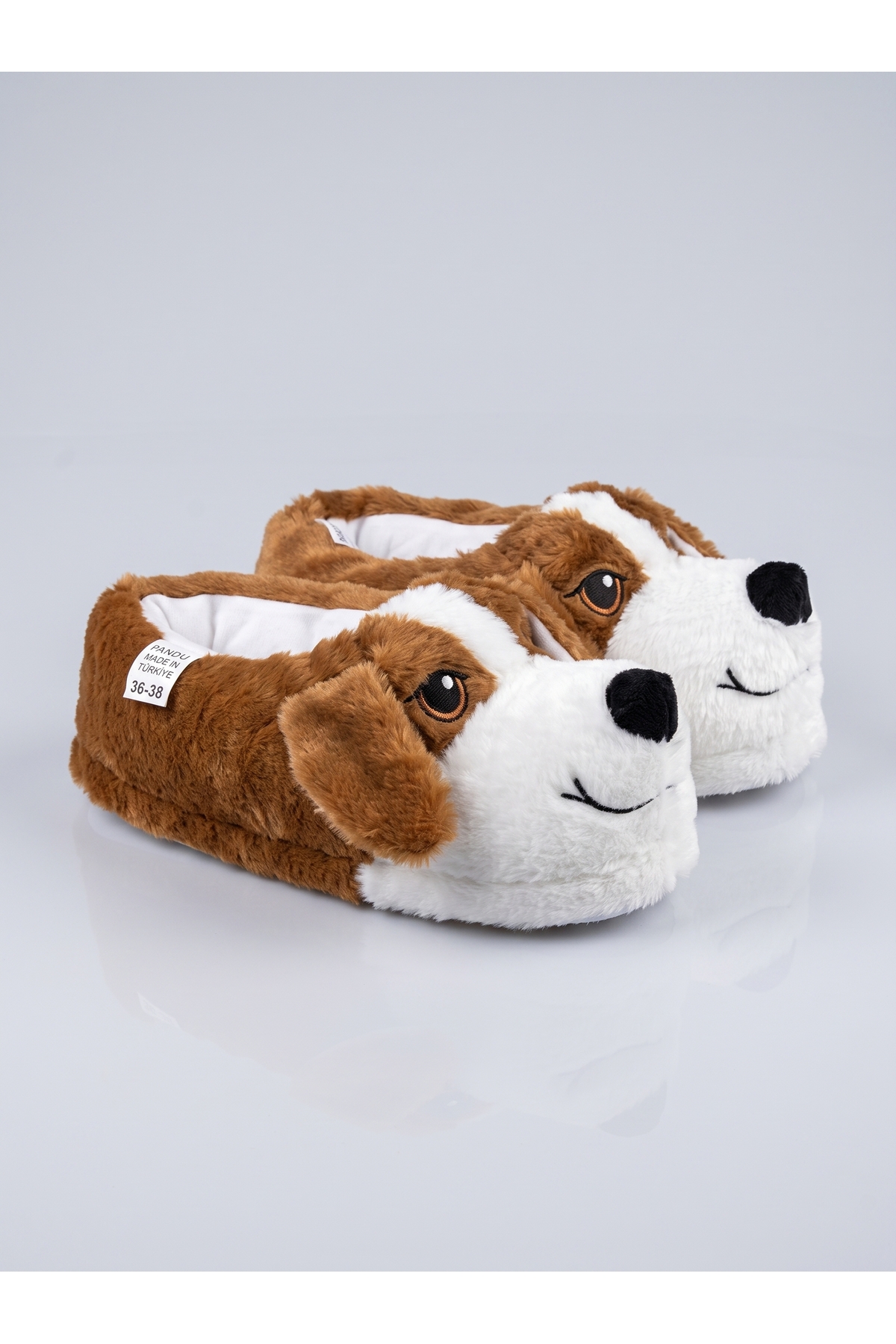 StepMore Kadın Kahverengi Beyaz Sevimli Köpek Figürlü Peluş Panduf Ev Terliği