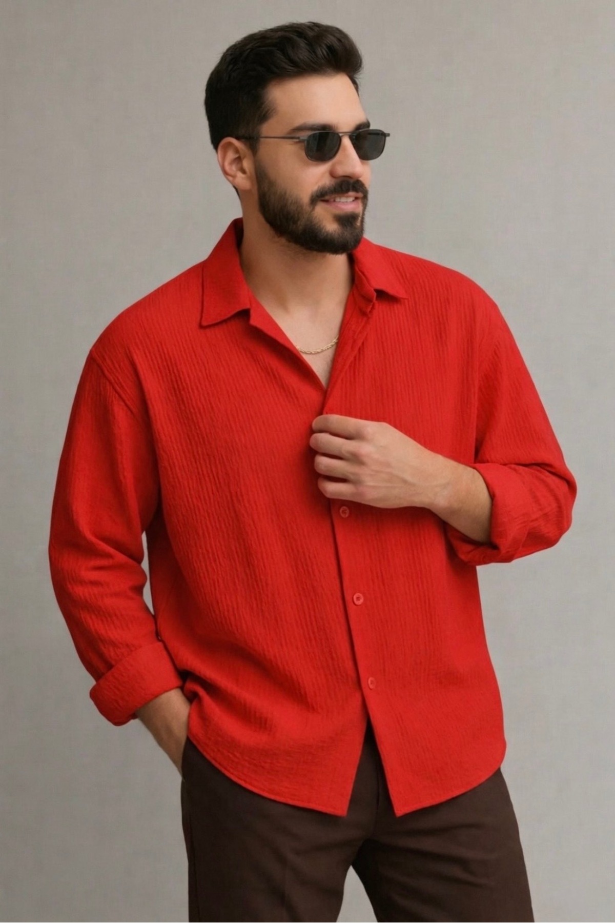 miremiran Ütü istemez Bürümcük kumaş oversize gömlek KIRMIZI — قرمز mir1