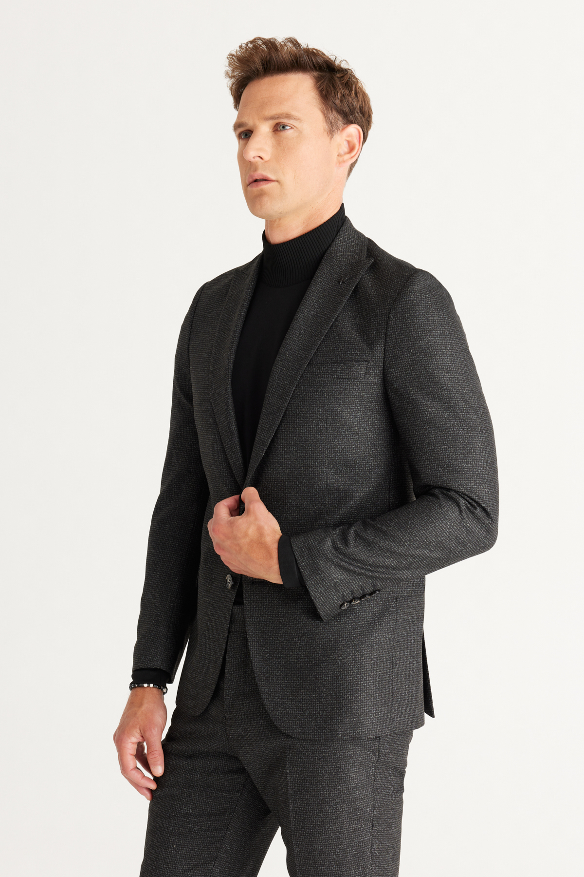 AC&Co / Altınyıldız Classics Erkek Siyah-Gri Slim Fit Dar Kesim Kırlangıç Yaka Desenli Takım Elbise