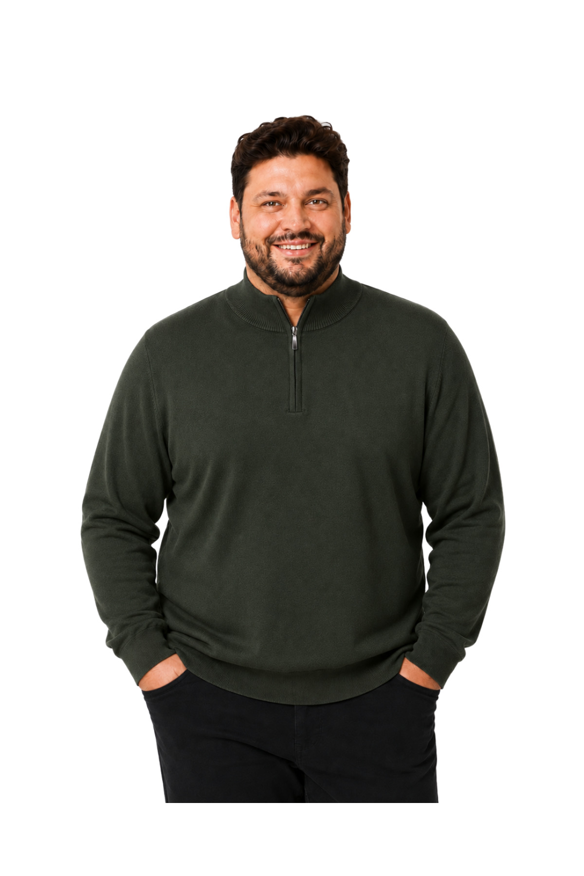BattalModa Erkek Büyük Beden Haki Fermuarlı Dik Yaka Pamuklu Kazak 3XL-4XL-5XL-6XL