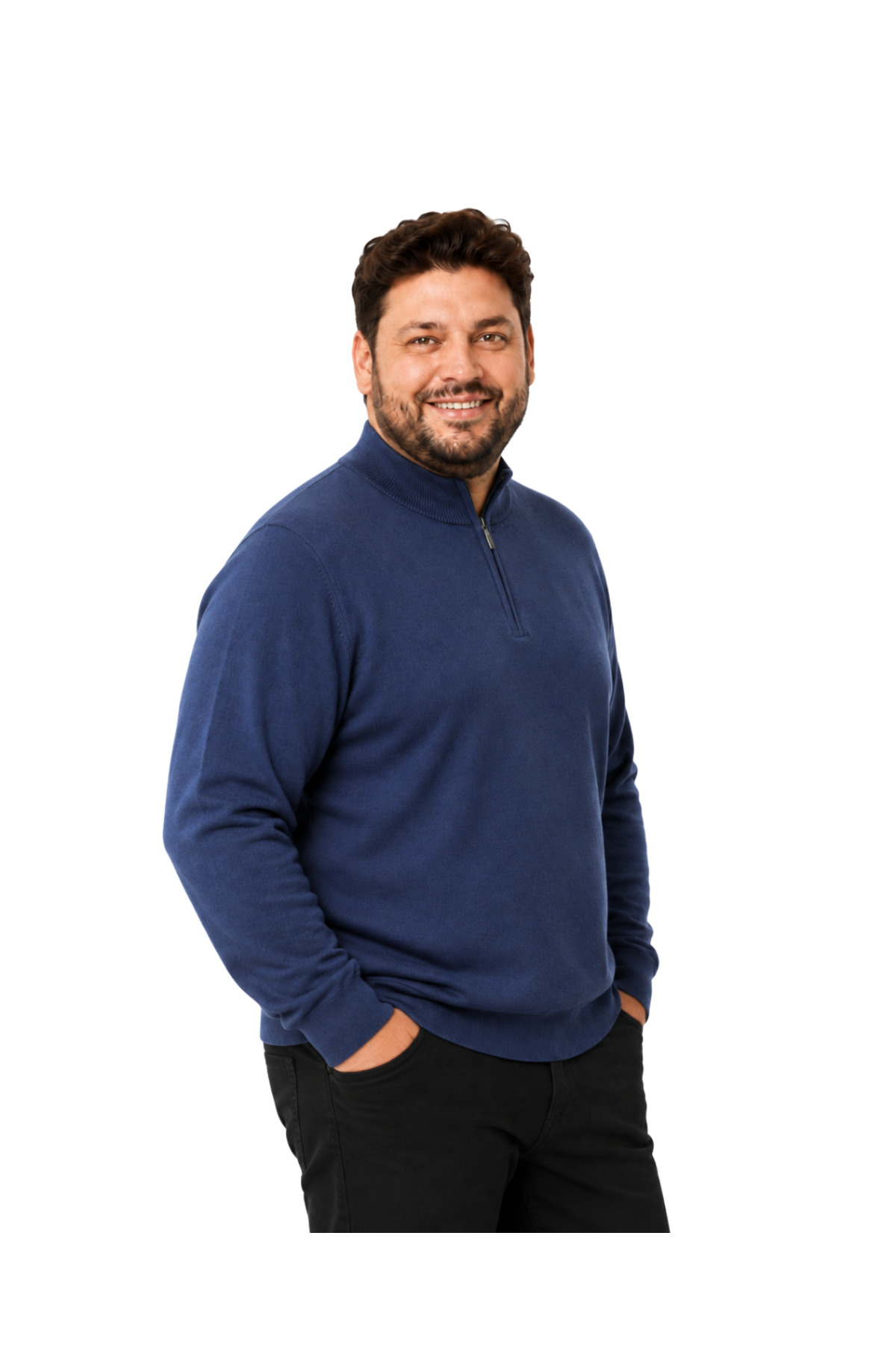 BattalModa Erkek Büyük Beden İndigo Fermuarlı Dik Yaka Pamuklu Kazak 3XL-4XL-5XL-6XL görsel 2