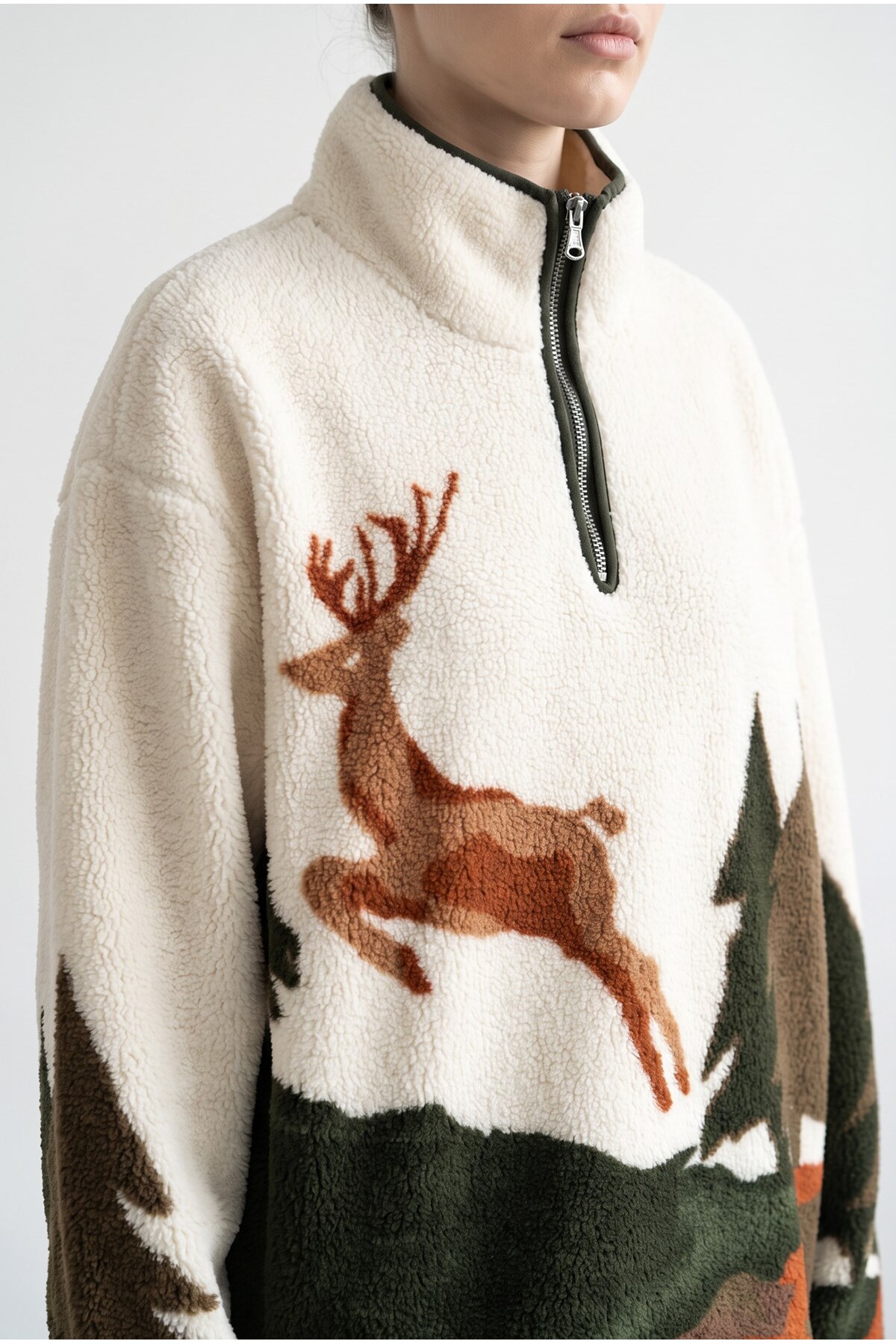 Mixray 4979 Kadın Çam ve Geyik Temalı Cepli Yarım Fermuar Yumuşak Dokulu Polar Sweatshirt görsel 2