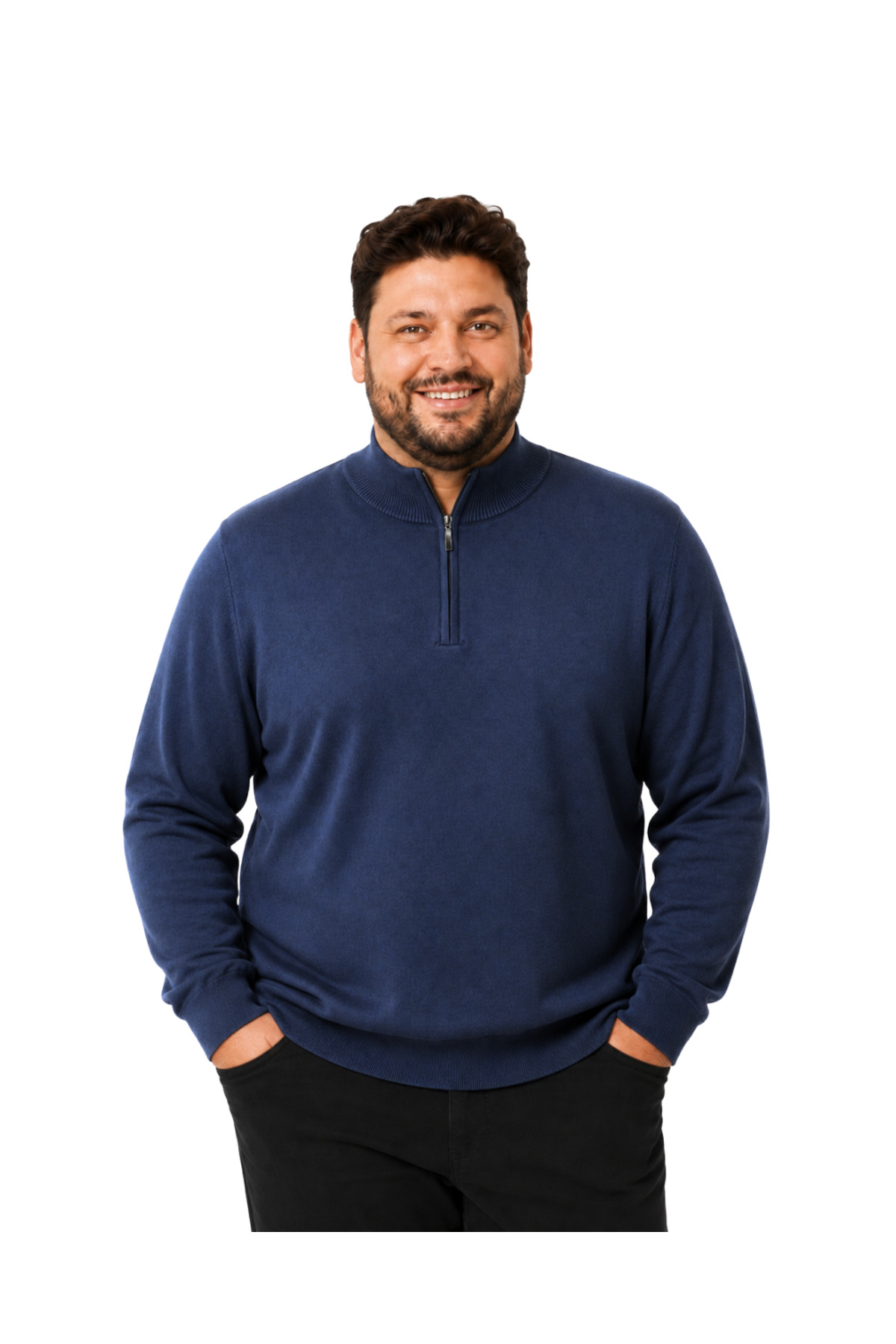 BattalModa Erkek Büyük Beden İndigo Fermuarlı Dik Yaka Pamuklu Kazak 3XL-4XL-5XL-6XL