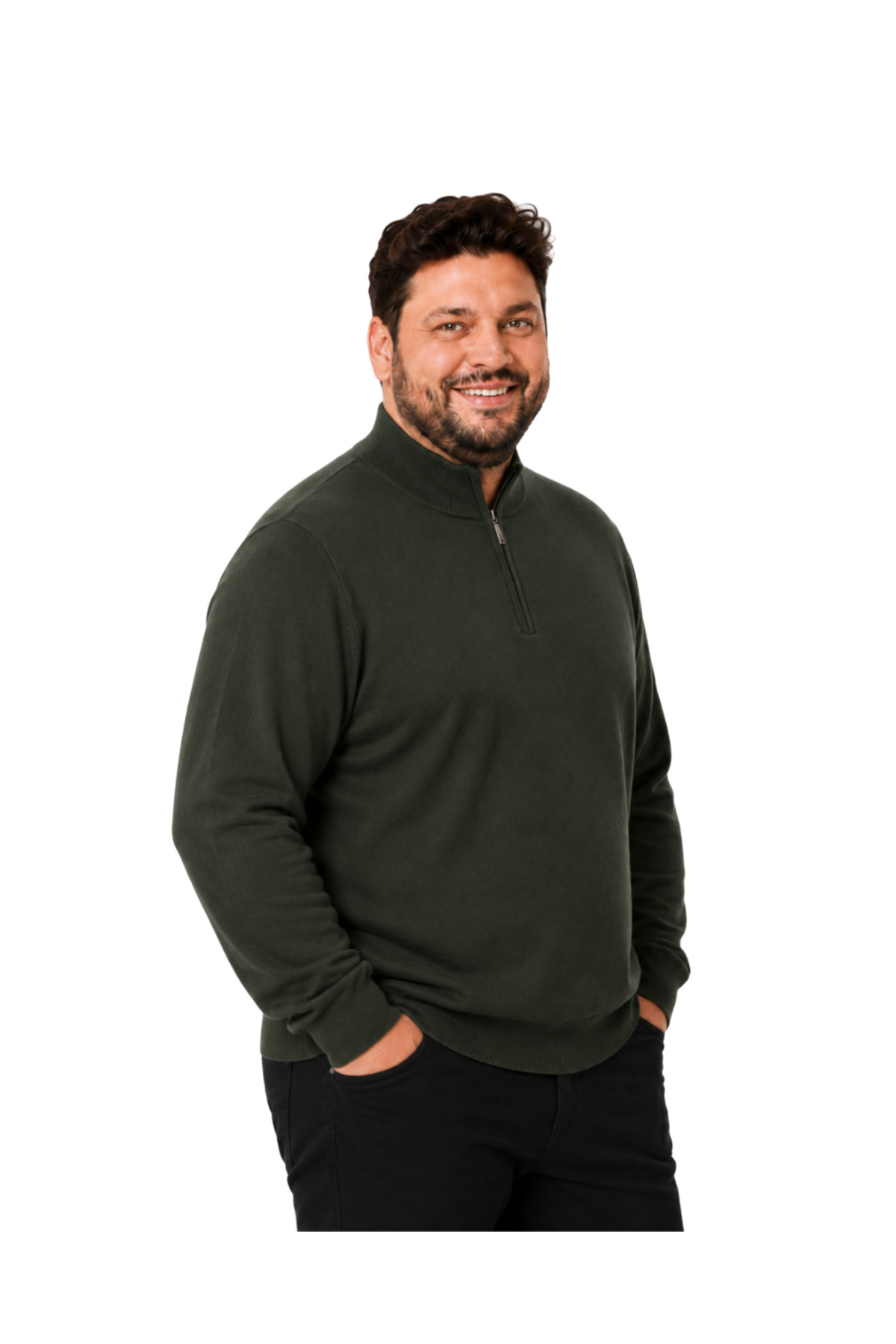 BattalModa Erkek Büyük Beden Haki Fermuarlı Dik Yaka Pamuklu Kazak 3XL-4XL-5XL-6XL görsel 2