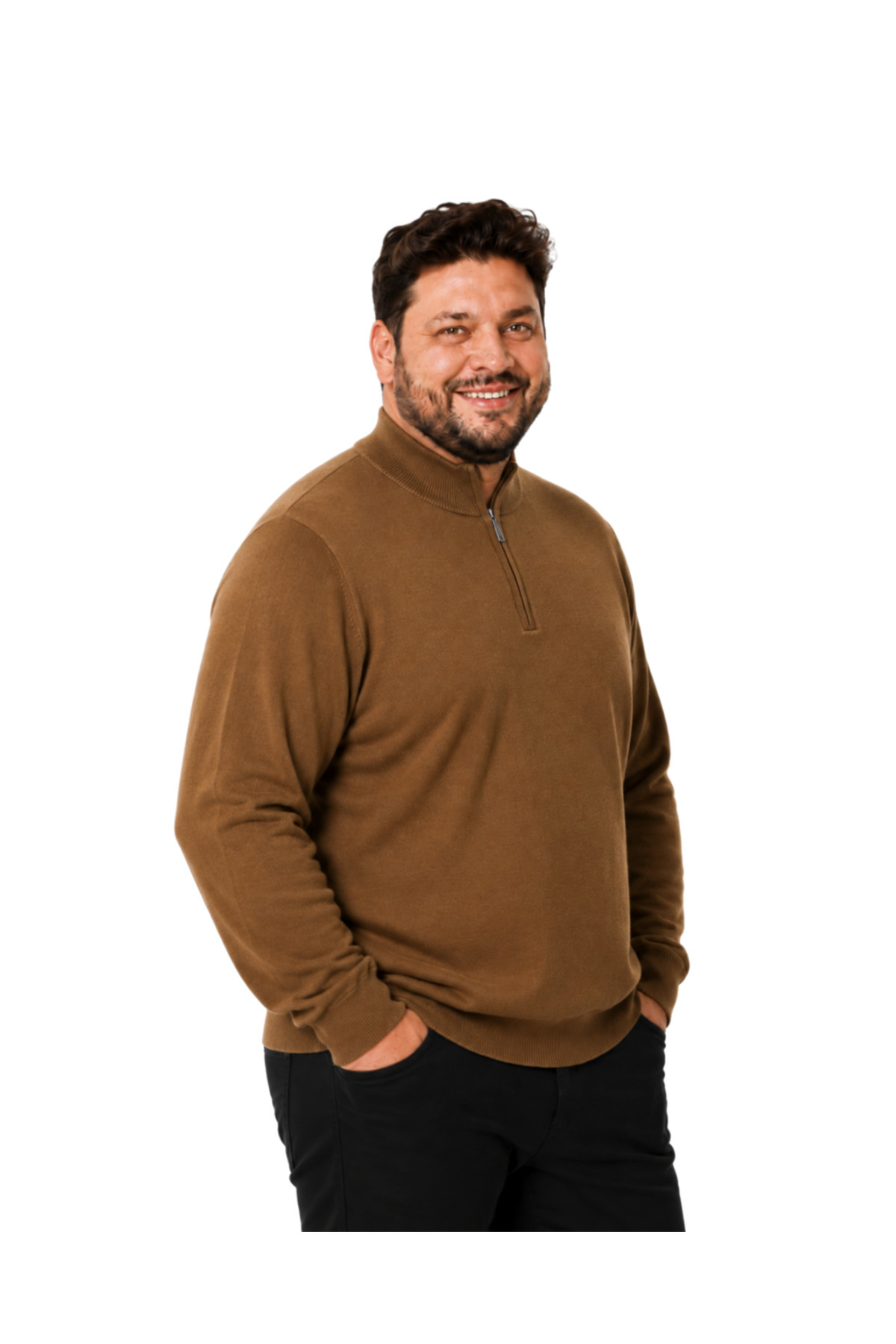 BattalModa Erkek Büyük Beden Kivi Kahvesi Fermuarlı Dik Yaka Pamuklu Kazak 3XL-4XL-5XL-6XL görsel 2