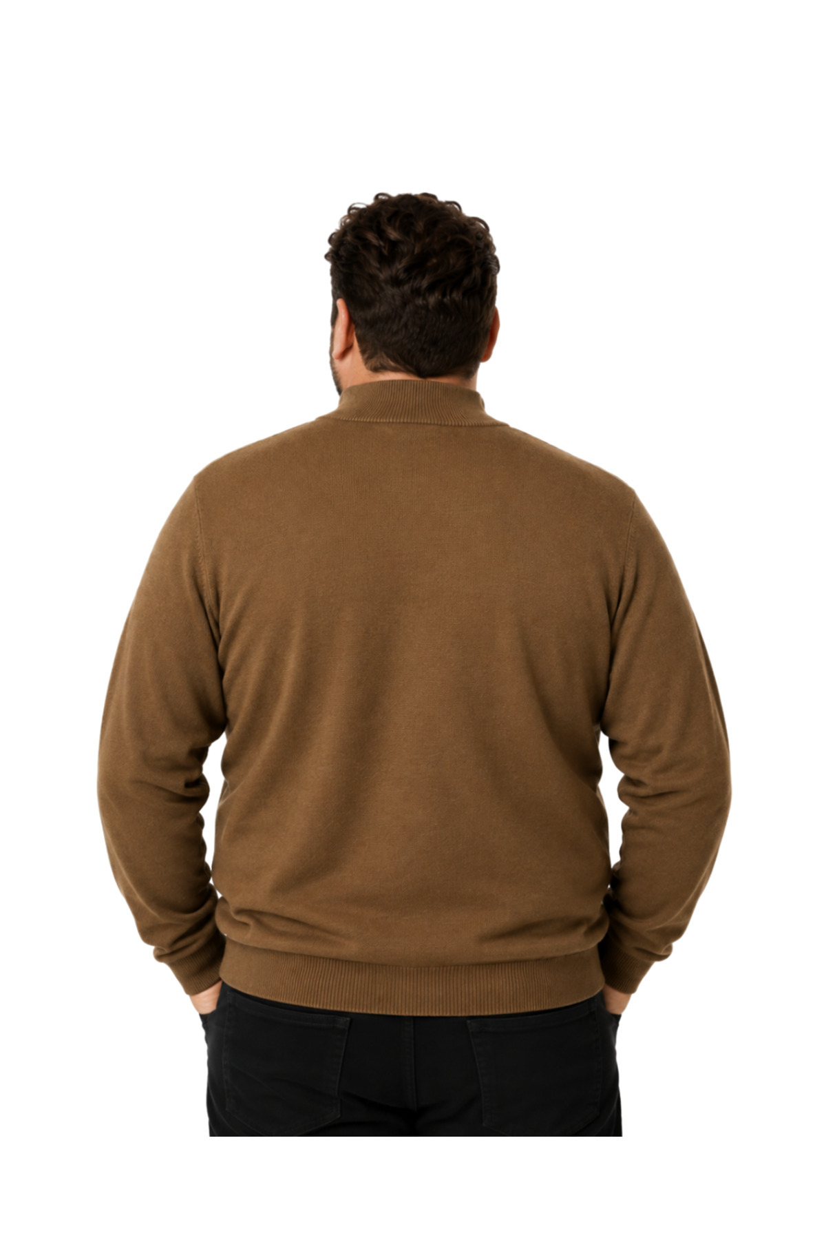 BattalModa Erkek Büyük Beden Kivi Kahvesi Fermuarlı Dik Yaka Pamuklu Kazak 3XL-4XL-5XL-6XL görsel 3