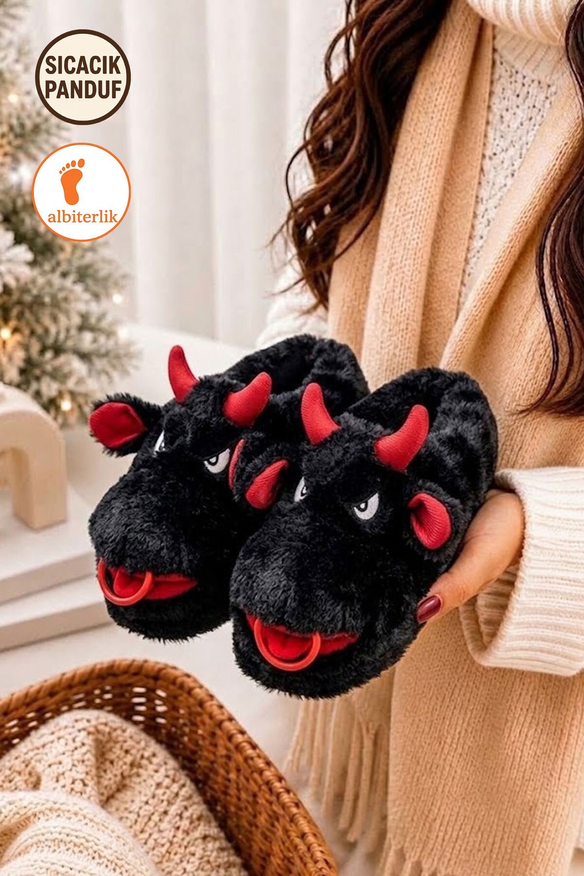 AlbiShoes Boğa Desenli Hayvan Figürlü Peluş Kadın Erkek Çocuk Yumuşak Taban Ev Botu Ev Panduf