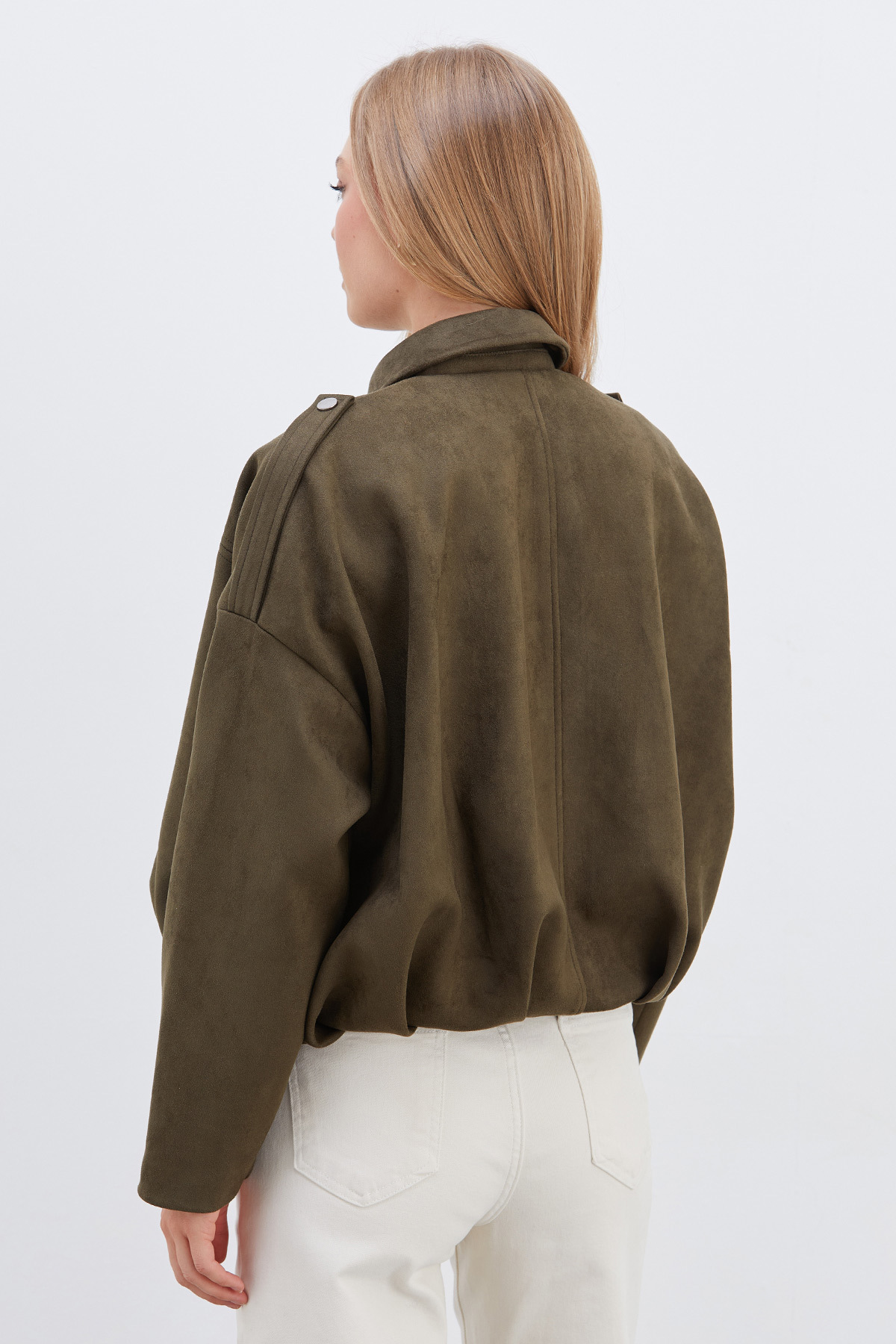 Fulla Moda Fermuarlı Polo Yaka Süet Bomber Ceket görsel 8