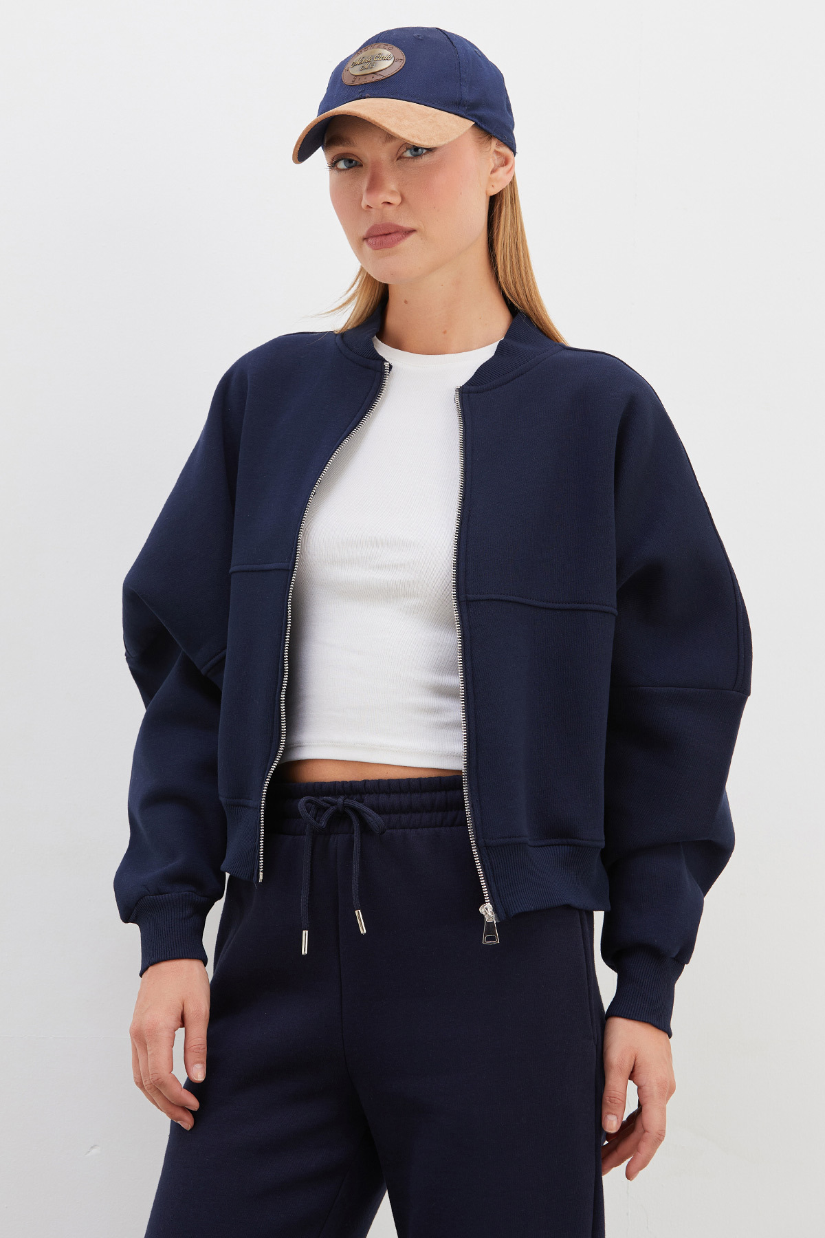 Fulla Moda 3 İplik Basic Fermuarlı Dik Yaka Crop Sweatshirt