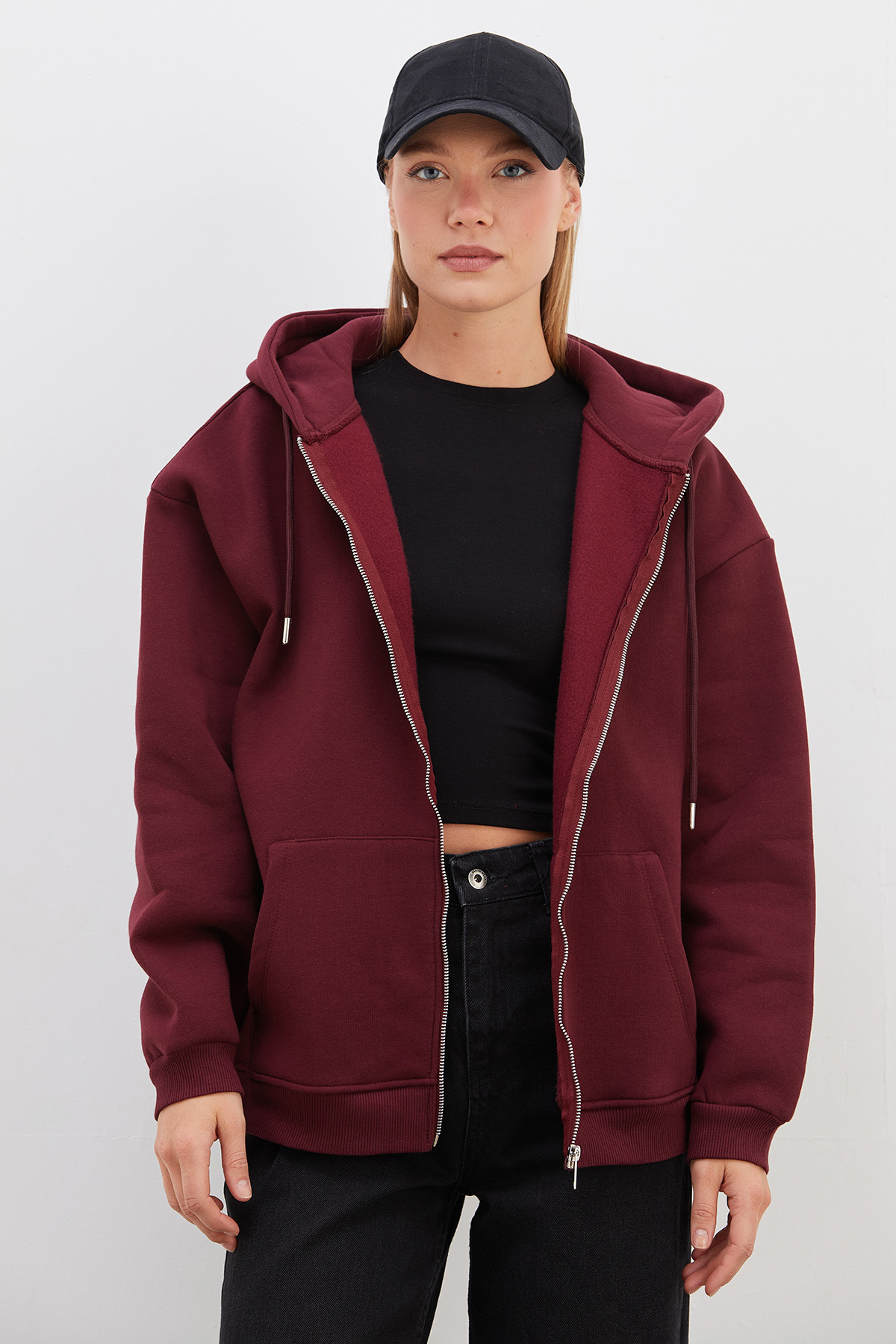 Fulla Moda 3 İplik Basic Fermuarlı Kapüşonlu Oversize Sweatshirt görsel 2
