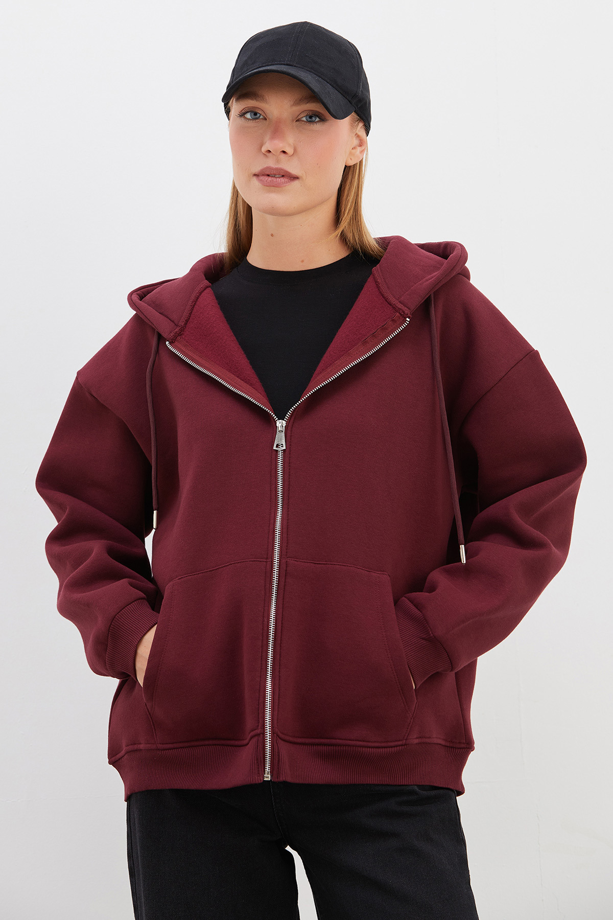 Fulla Moda 3 İplik Basic Fermuarlı Kapüşonlu Oversize Sweatshirt görsel 6